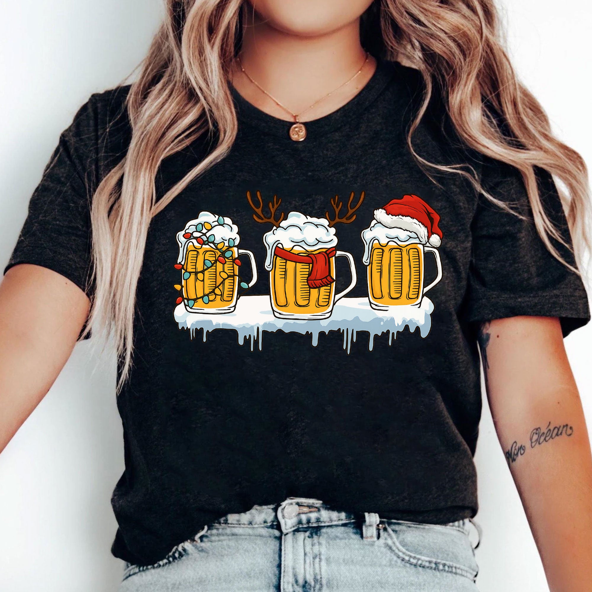 Festive Holiday Beer Mug Graphic Tee - Fun Christmas Shirt with Santa Hat, Reindeer, and Lights - Perfect for Holiday Celebrations
 - 5