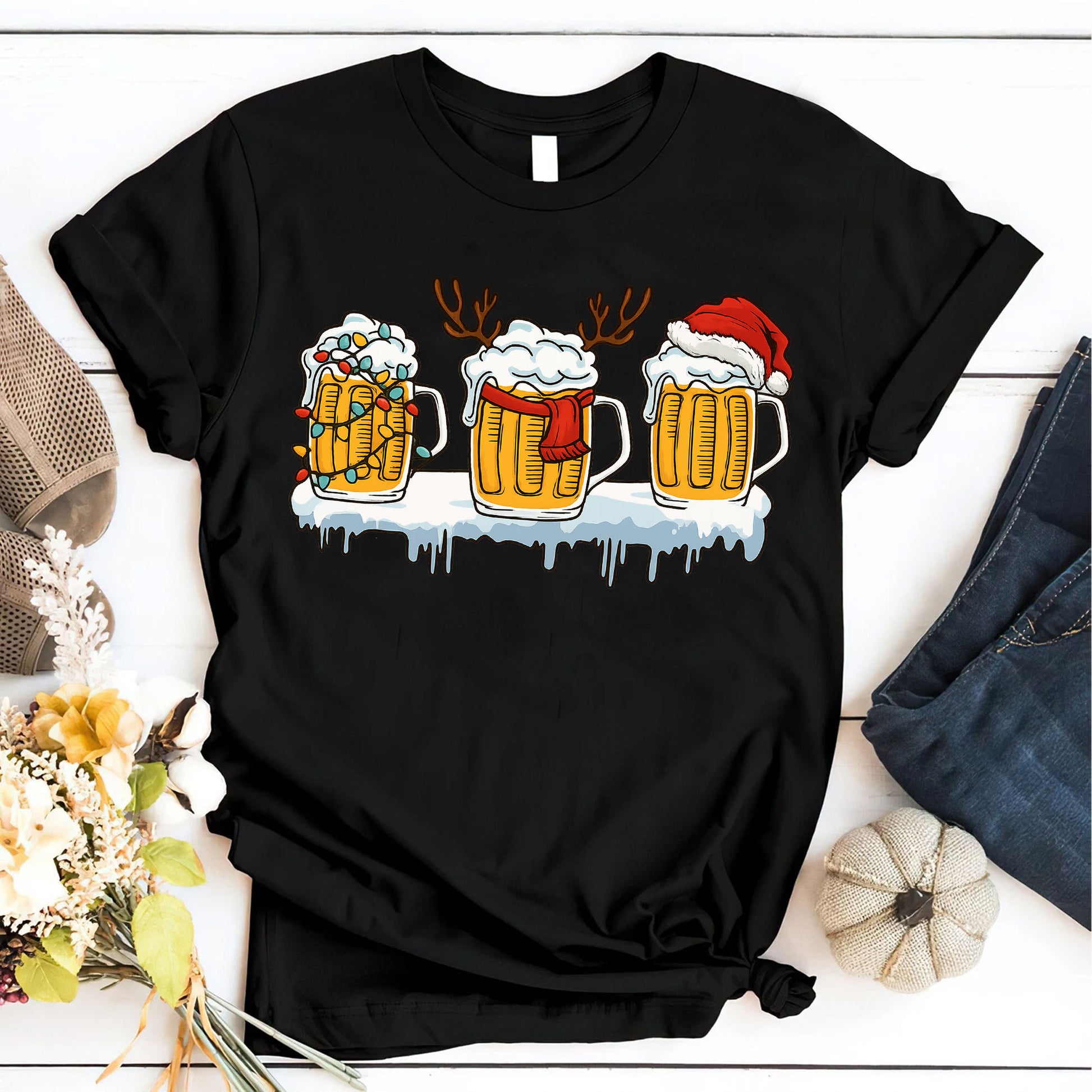 Festive Holiday Beer Mug Graphic Tee - Fun Christmas Shirt with Santa Hat, Reindeer, and Lights - Perfect for Holiday Celebrations
 - 6