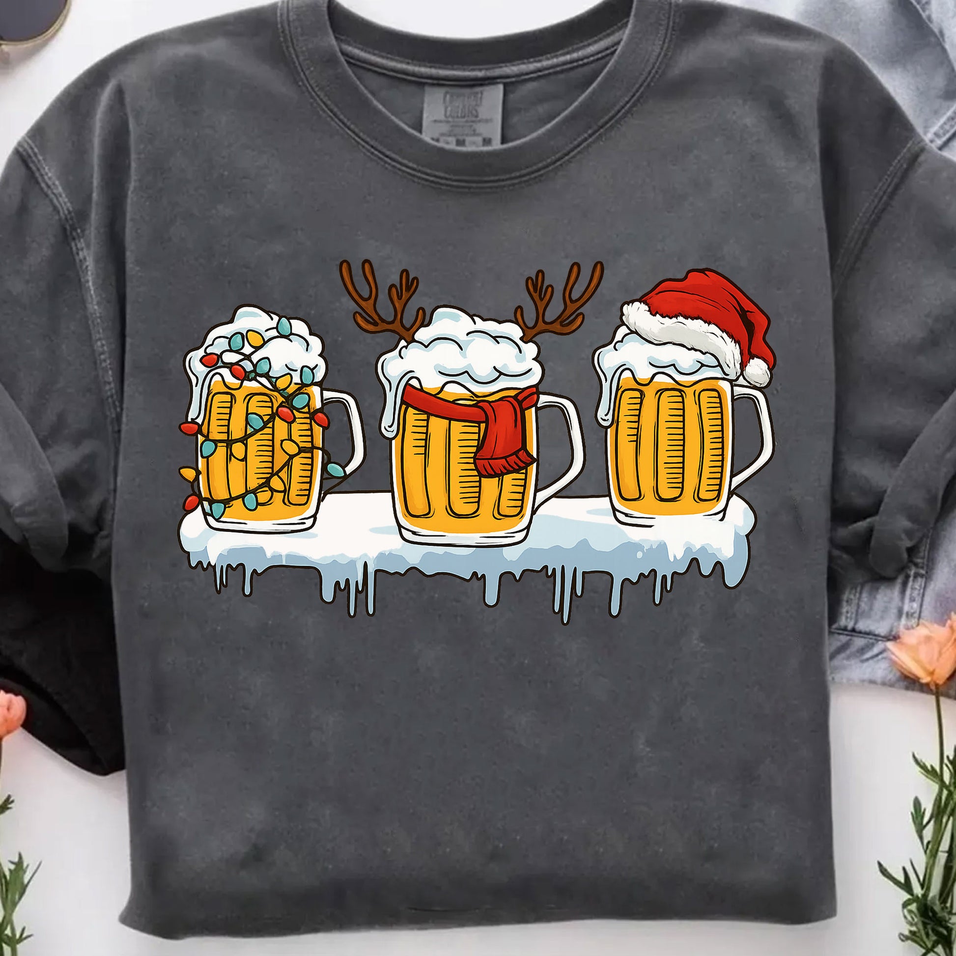 Festive Holiday Beer Mug Graphic Tee - Fun Christmas Shirt with Santa Hat, Reindeer, and Lights - Perfect for Holiday Celebrations
 - 7