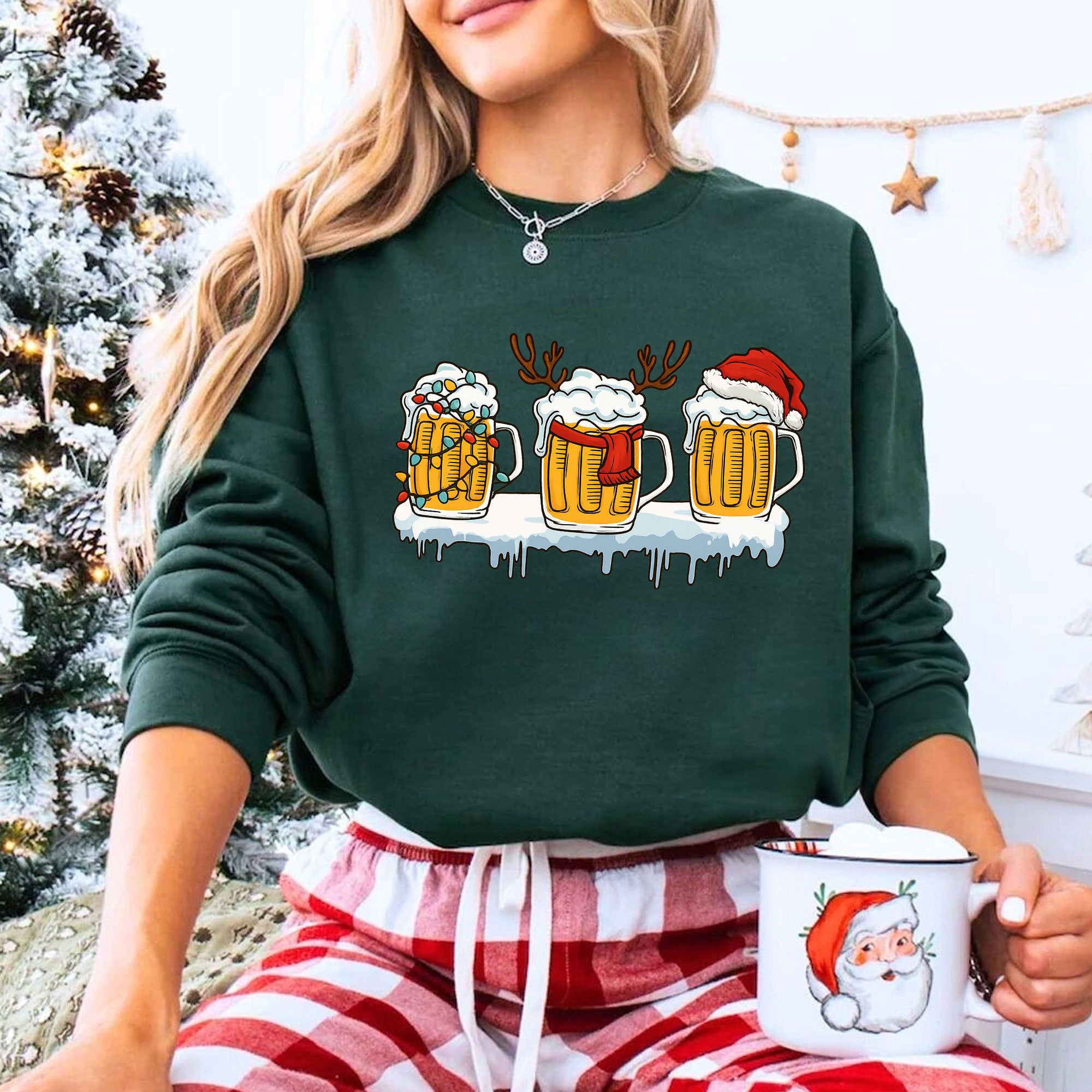 Festive Holiday Beer Mug Graphic Tee - Fun Christmas Shirt with Santa Hat, Reindeer, and Lights - Perfect for Holiday Celebrations
 - 8