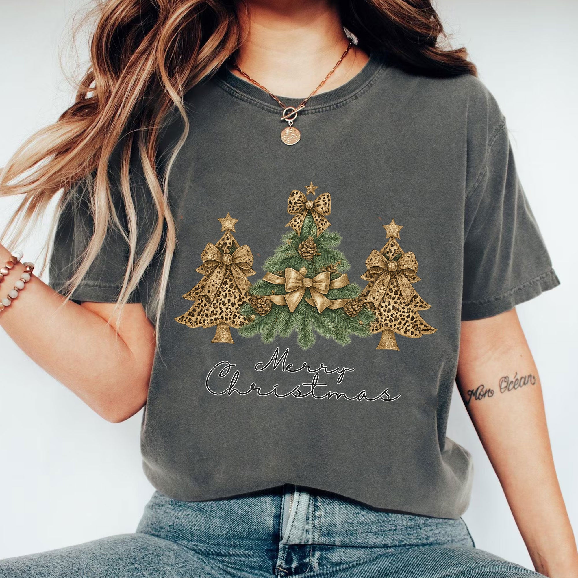 Festive Ladies' Christmas T-Shirt with Gold Leopard Print Trees and Bows - Holiday Season Graphic Tee for Women - Merry Christmas
 - 1