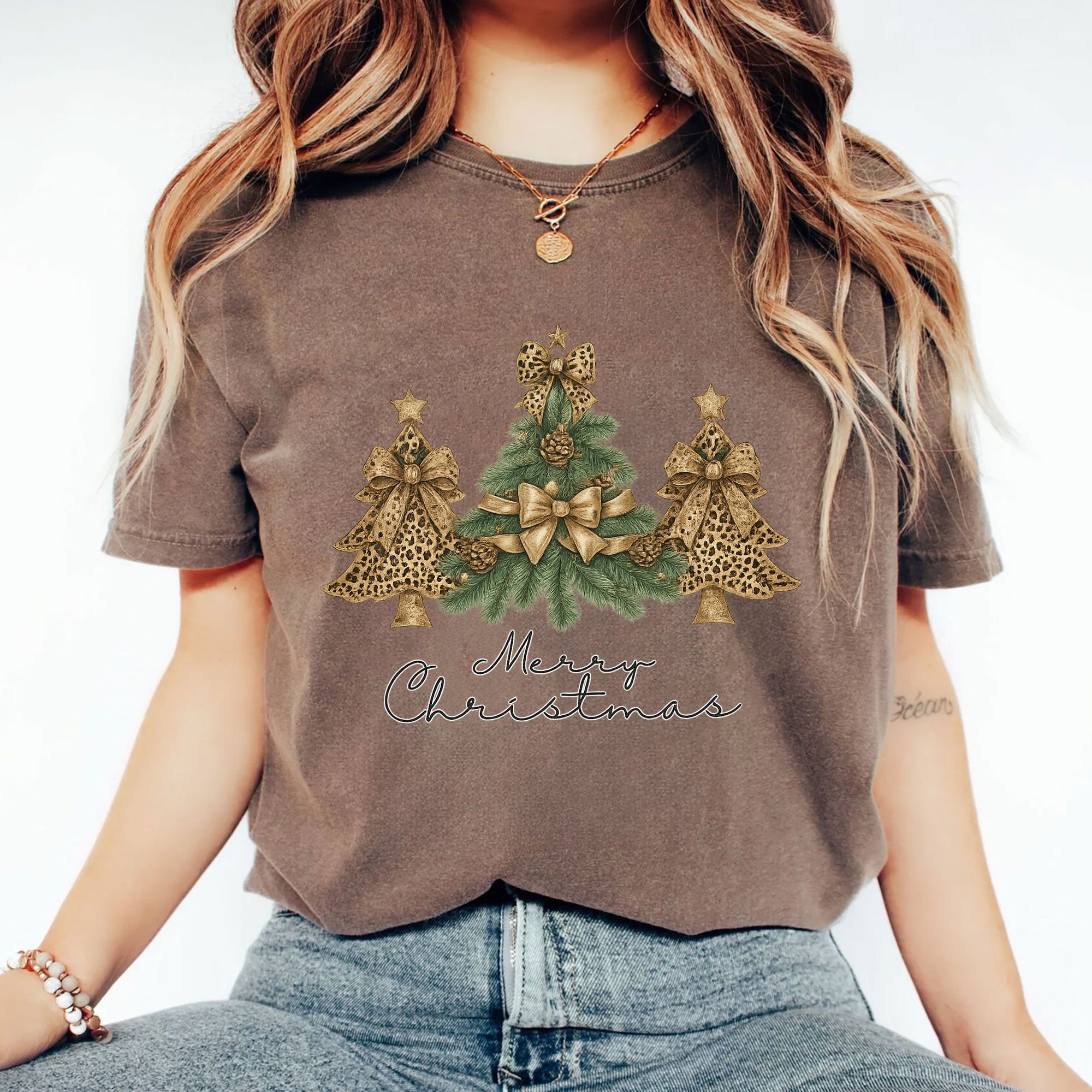 Festive Ladies' Christmas T-Shirt with Gold Leopard Print Trees and Bows - Holiday Season Graphic Tee for Women - Merry Christmas
 - 2