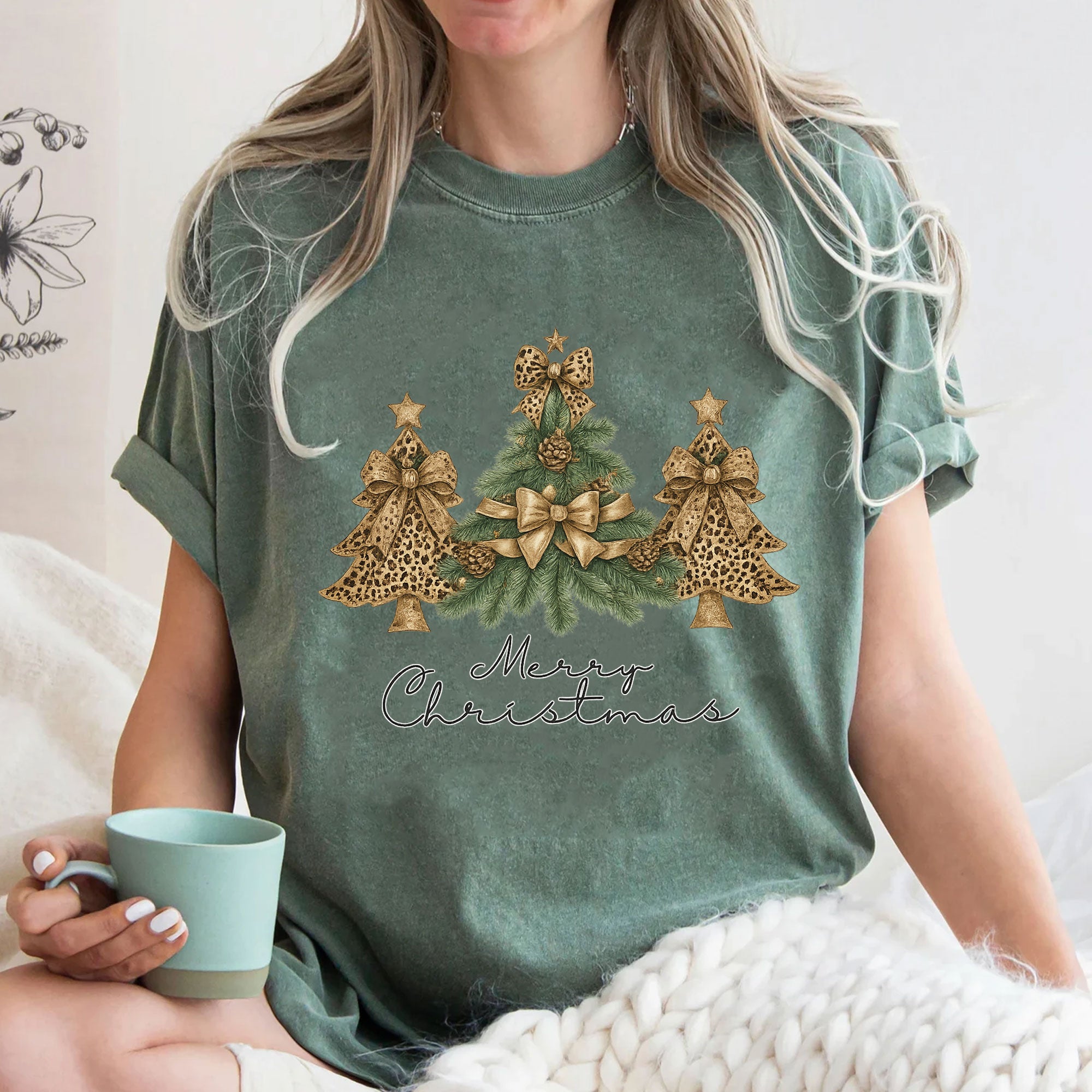 Festive Ladies' Christmas T-Shirt with Gold Leopard Print Trees and Bows - Holiday Season Graphic Tee for Women - Merry Christmas
 - 3