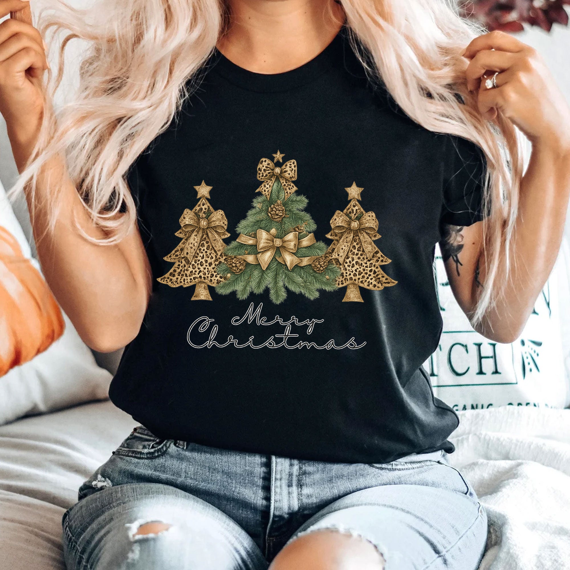 Festive Ladies' Christmas T-Shirt with Gold Leopard Print Trees and Bows - Holiday Season Graphic Tee for Women - Merry Christmas
 - 4