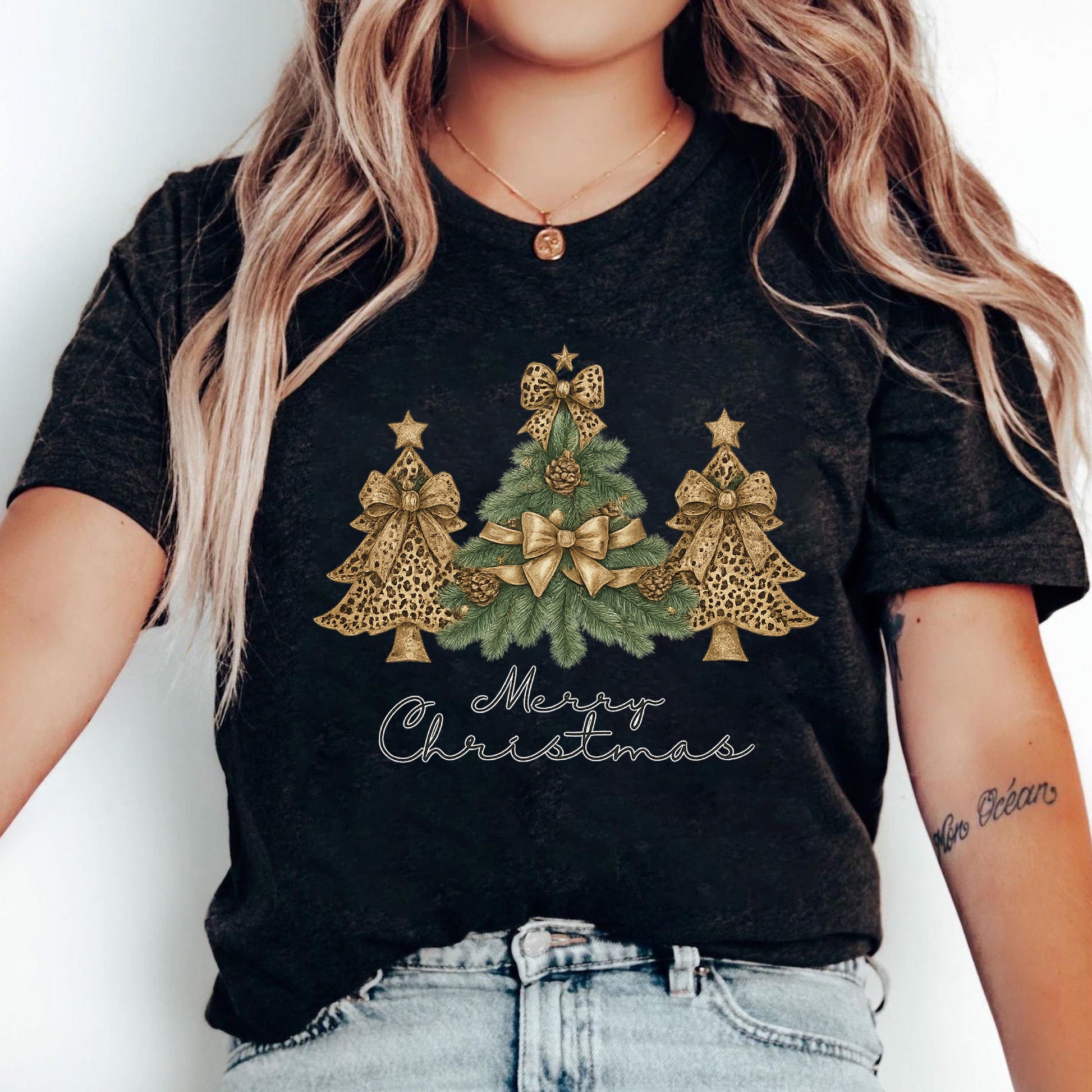 Festive Ladies' Christmas T-Shirt with Gold Leopard Print Trees and Bows - Holiday Season Graphic Tee for Women - Merry Christmas
 - 5