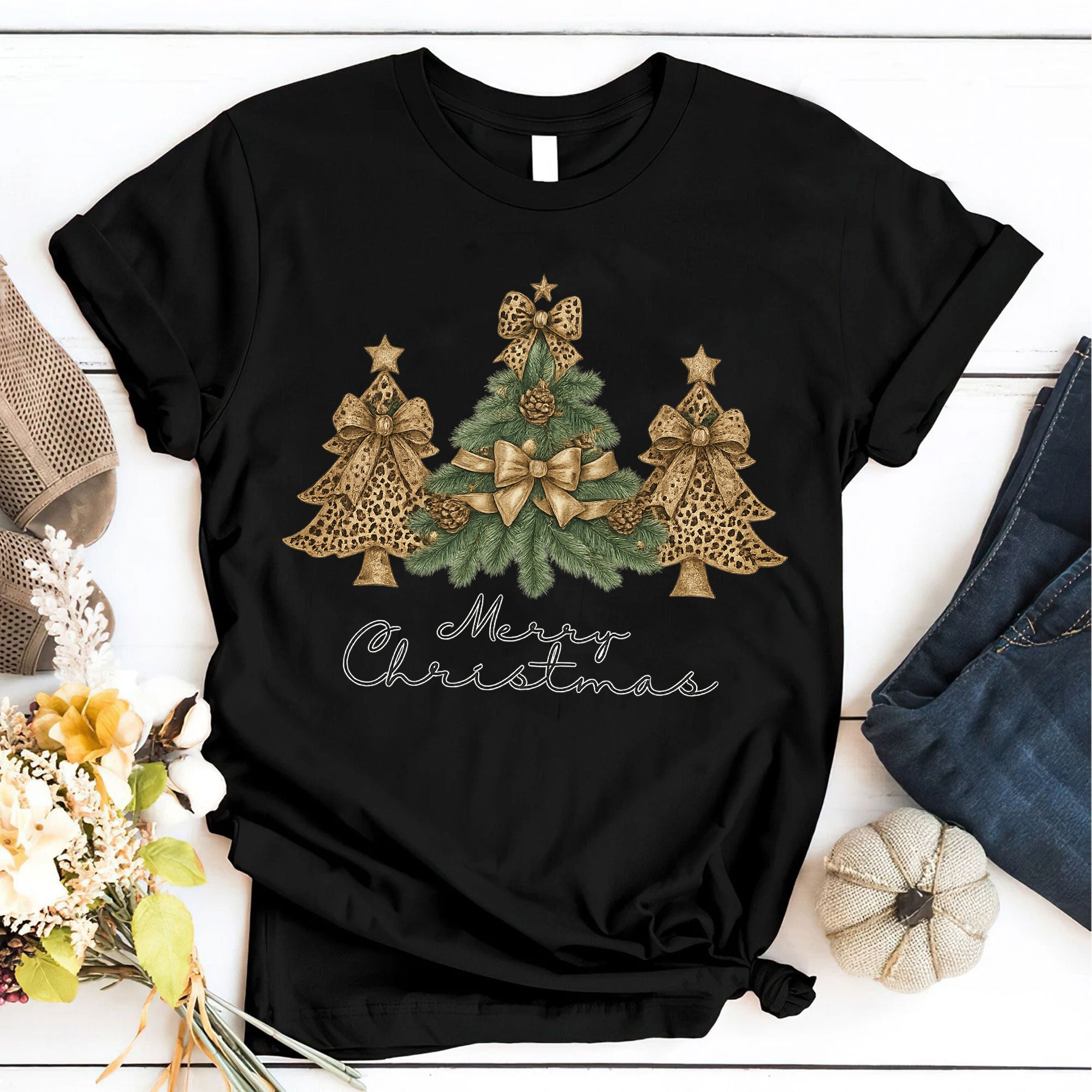 Festive Ladies' Christmas T-Shirt with Gold Leopard Print Trees and Bows - Holiday Season Graphic Tee for Women - Merry Christmas
 - 6