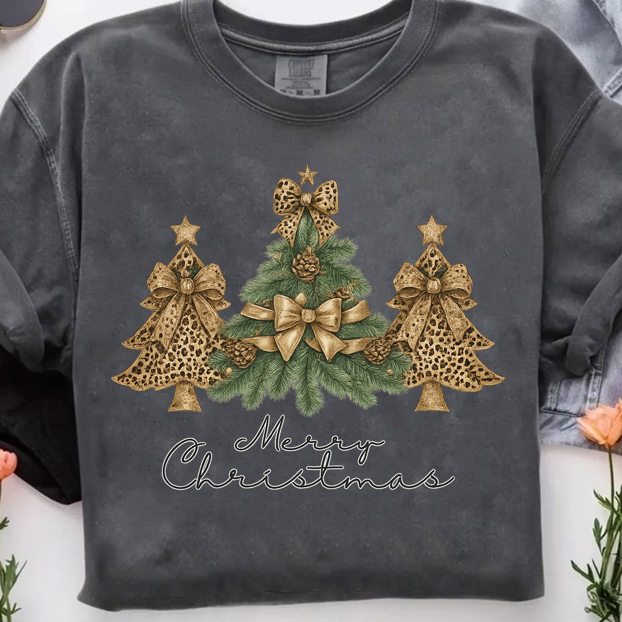 Festive Ladies' Christmas T-Shirt with Gold Leopard Print Trees and Bows - Holiday Season Graphic Tee for Women - Merry Christmas
 - 7