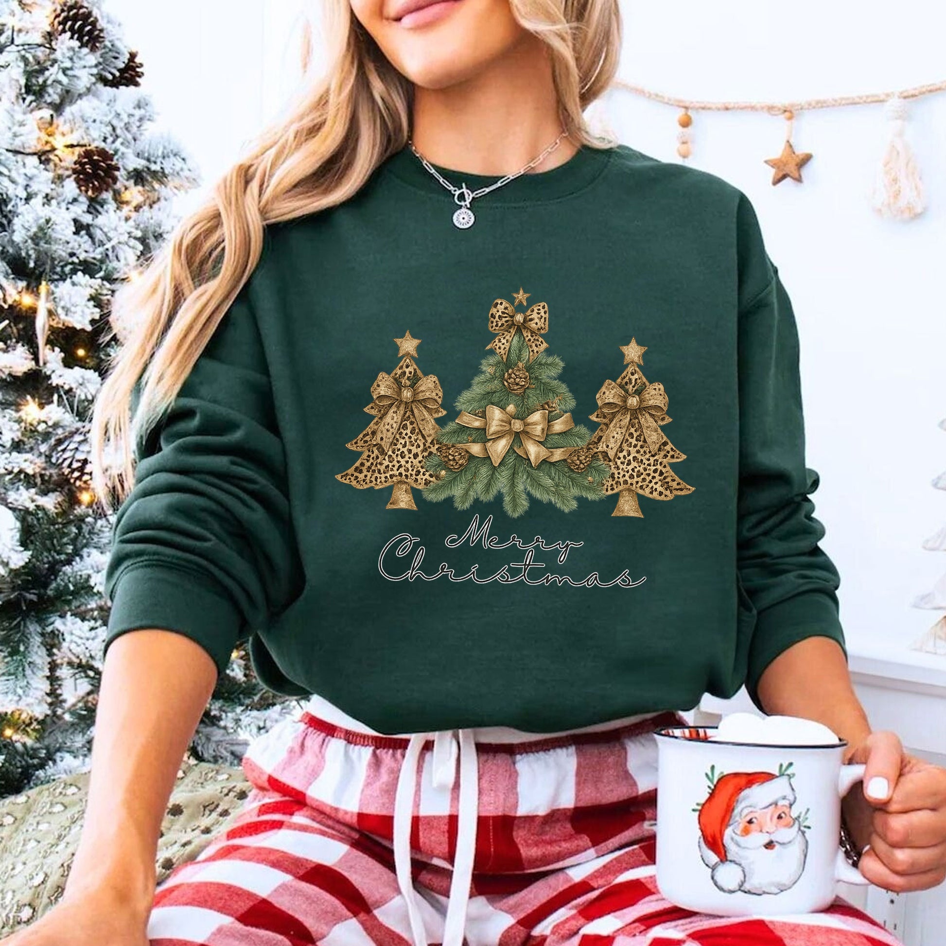 Festive Ladies' Christmas T-Shirt with Gold Leopard Print Trees and Bows - Holiday Season Graphic Tee for Women - Merry Christmas
 - 8