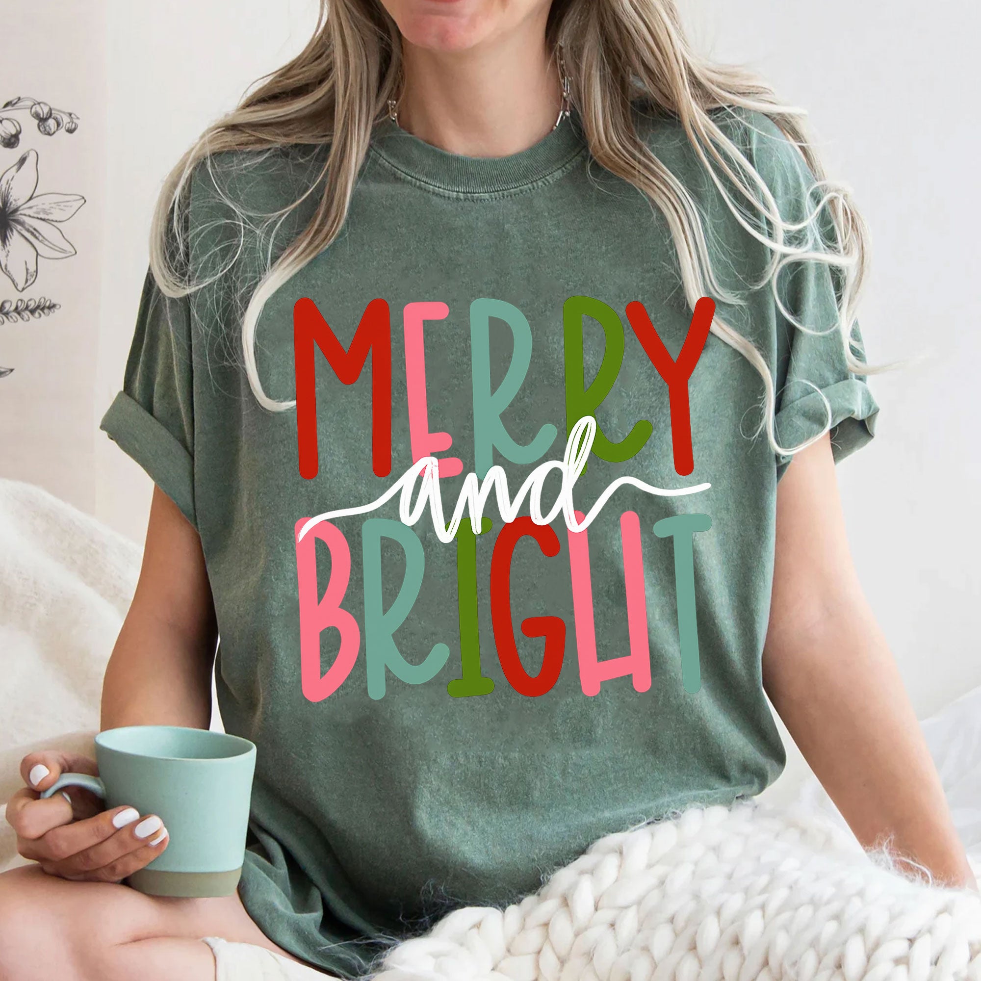 Festive Merry and Bright Graphic T-Shirt – Perfect Christmas Holiday Tee for Women, Trendy Casual Wear for Seasonal Celebrations
 - 3