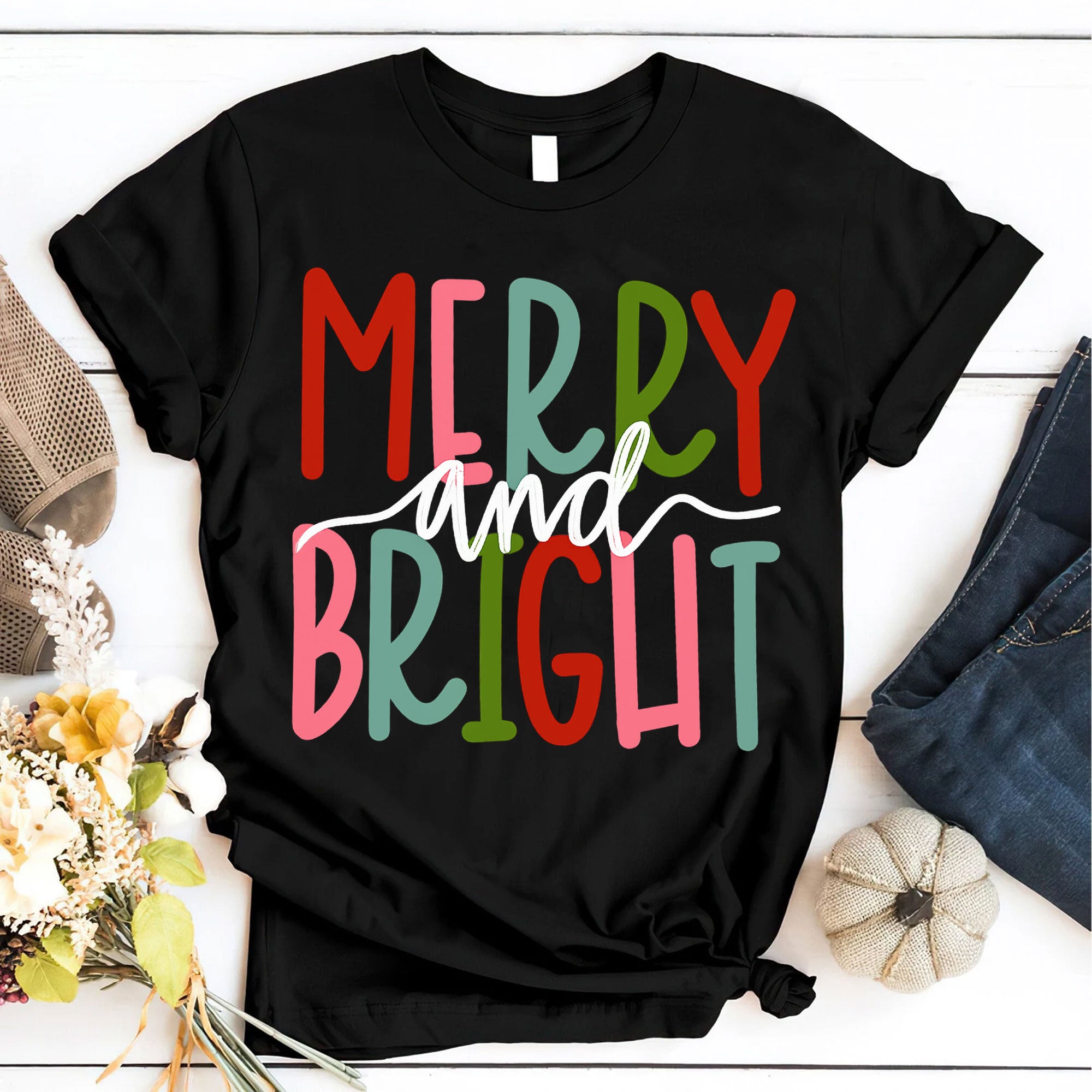 Festive Merry and Bright Graphic T-Shirt – Perfect Christmas Holiday Tee for Women, Trendy Casual Wear for Seasonal Celebrations
 - 6