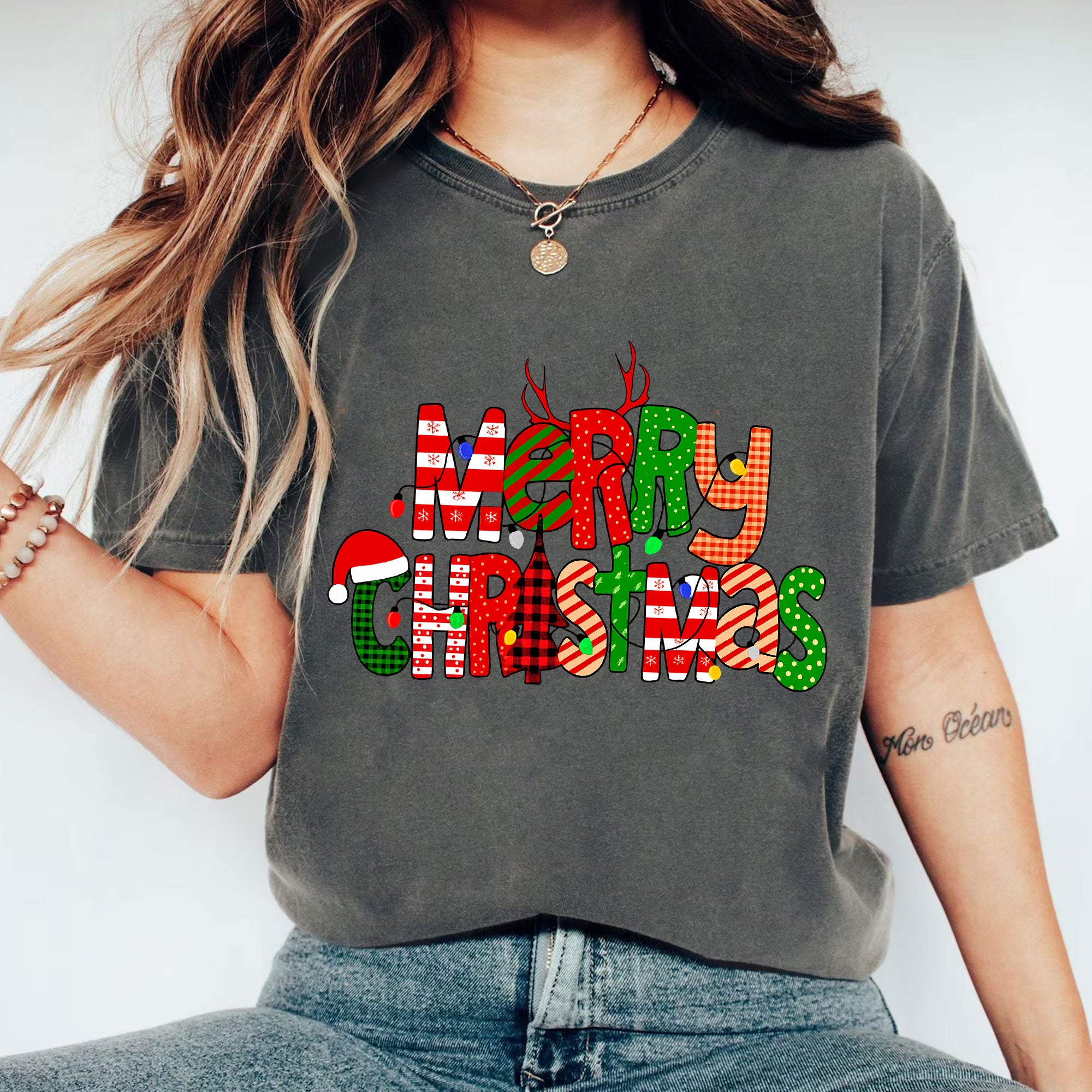 Festive Merry Christmas Graphic T-Shirt for Women - Fun Holiday Reindeer and Santa Design - Perfect Christmas Party Outfit Gift Idea
 - 1