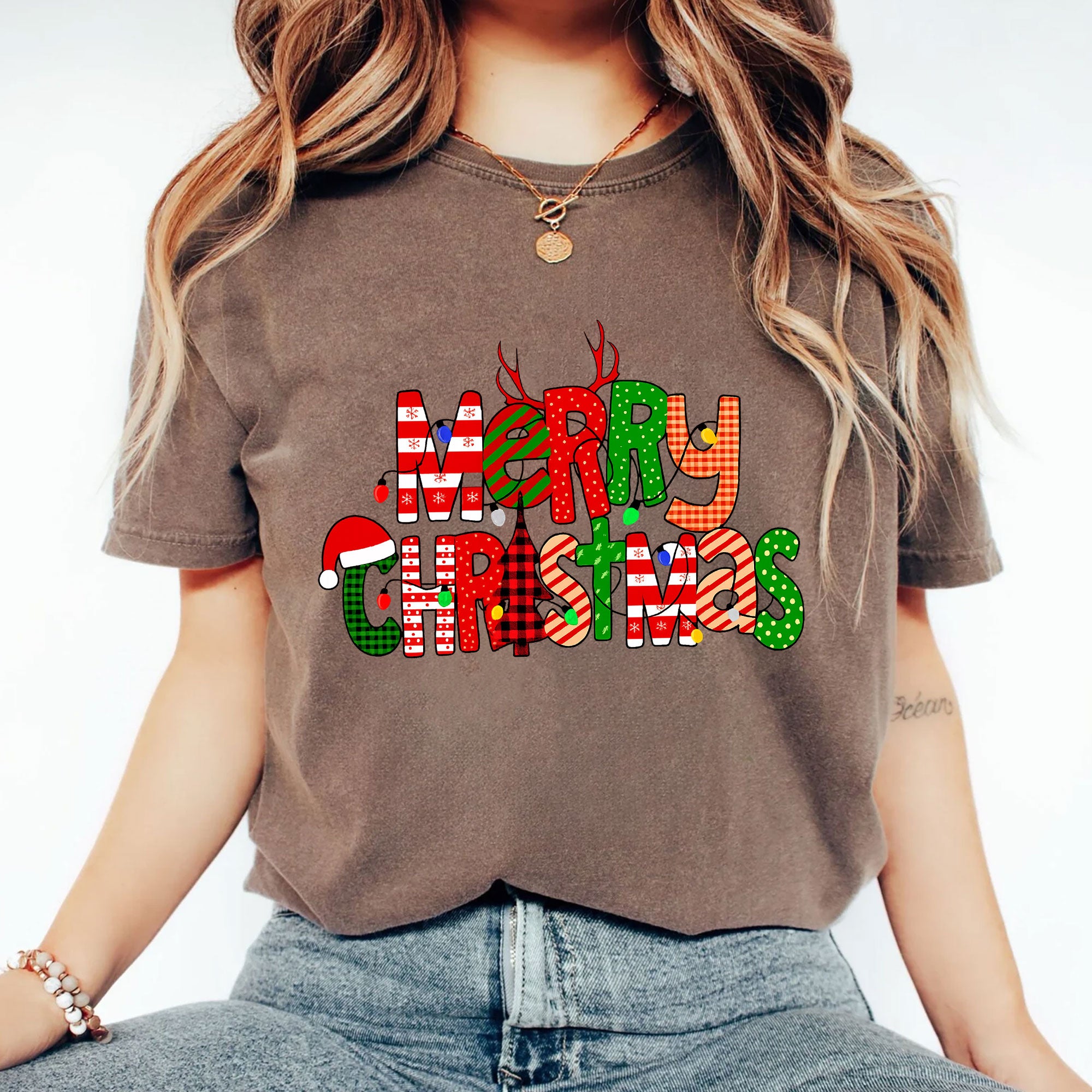 Festive Merry Christmas Graphic T-Shirt for Women - Fun Holiday Reindeer and Santa Design - Perfect Christmas Party Outfit Gift Idea
 - 2
