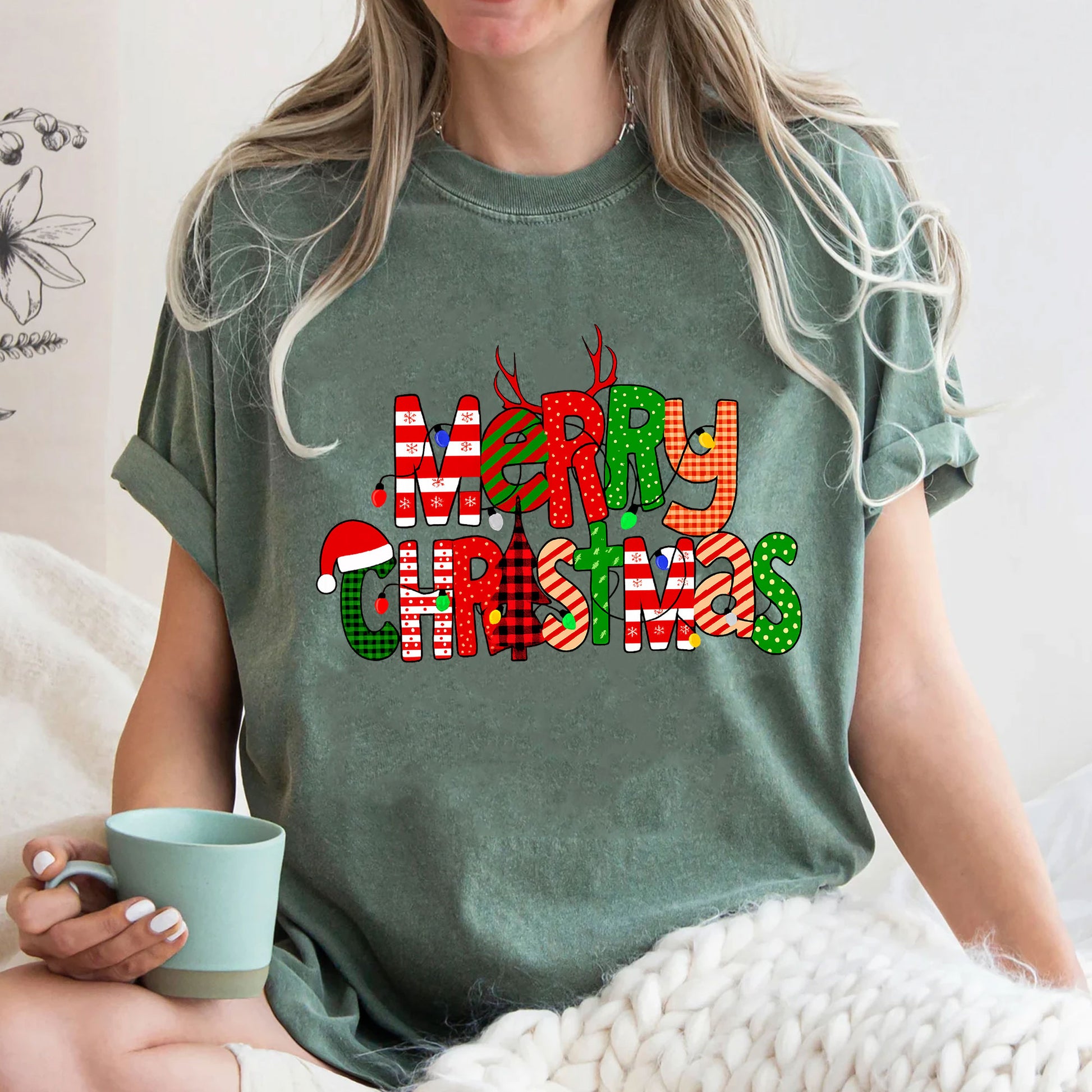 Festive Merry Christmas Graphic T-Shirt for Women - Fun Holiday Reindeer and Santa Design - Perfect Christmas Party Outfit Gift Idea
 - 3