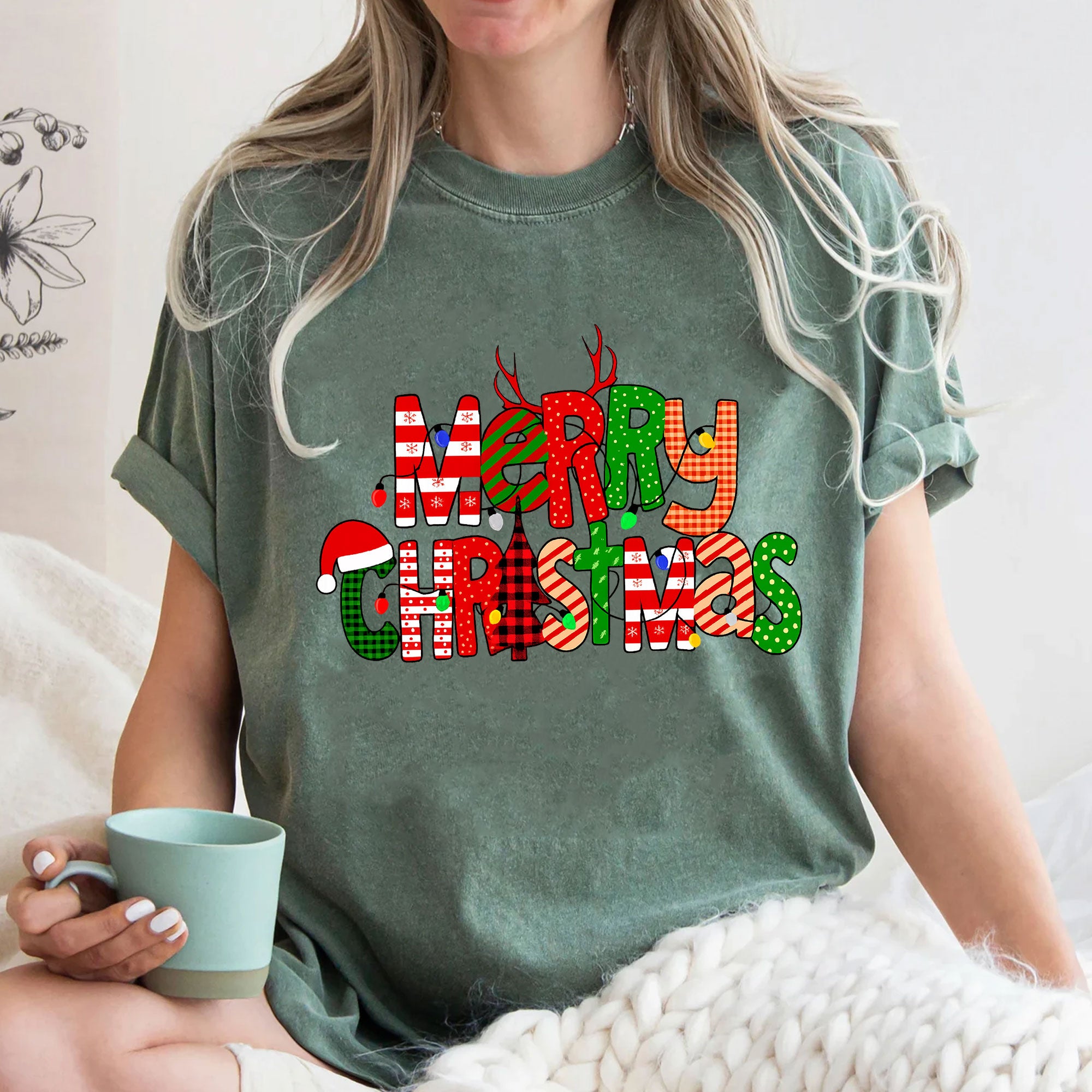 Festive Merry Christmas Graphic T-Shirt for Women - Fun Holiday Reindeer and Santa Design - Perfect Christmas Party Outfit Gift Idea
 - 3