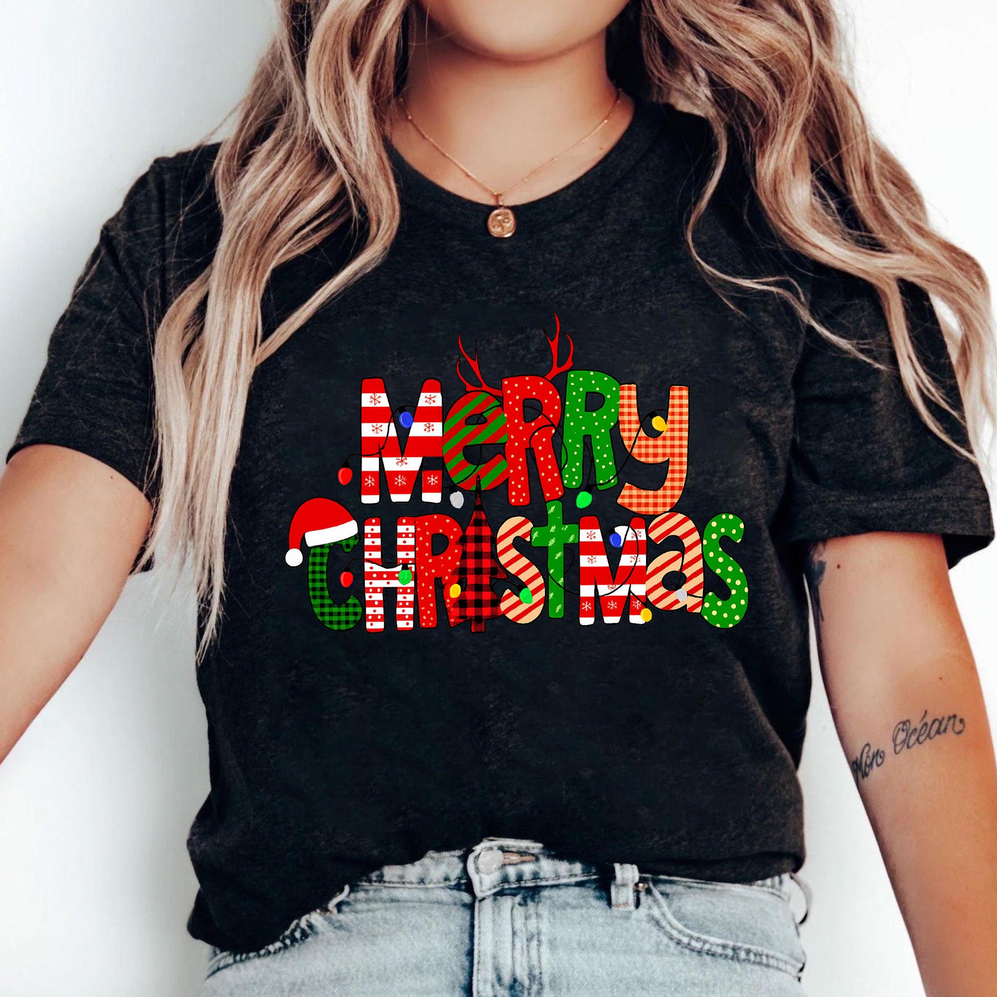 Festive Merry Christmas Graphic T-Shirt for Women - Fun Holiday Reindeer and Santa Design - Perfect Christmas Party Outfit Gift Idea
 - 5