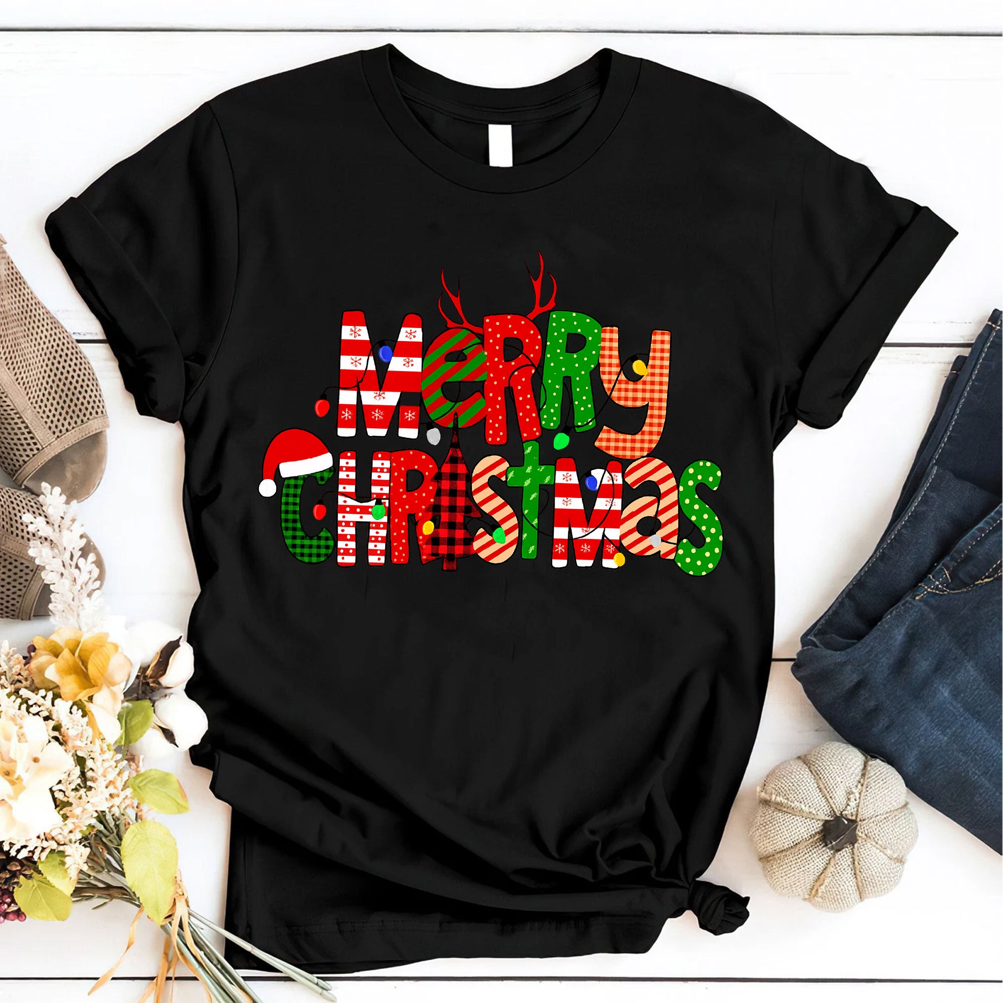 Festive Merry Christmas Graphic T-Shirt for Women - Fun Holiday Reindeer and Santa Design - Perfect Christmas Party Outfit Gift Idea
 - 6