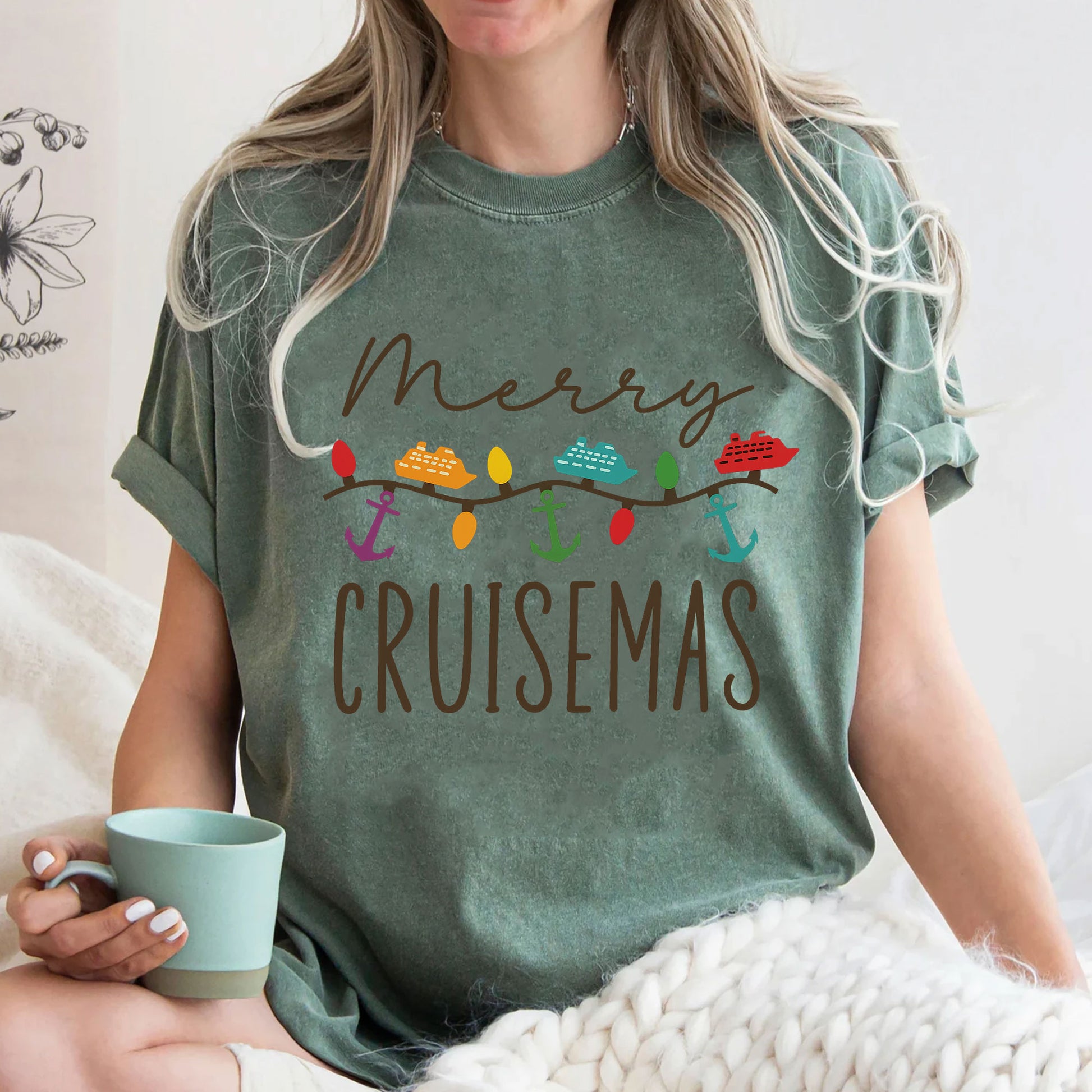 Festive Merry Cruisemas T-Shirt - Celebrate Holiday Spirit with Stylish Cruise Ship & Anchor Lights Design - Perfect Christmas Gift
 - 3