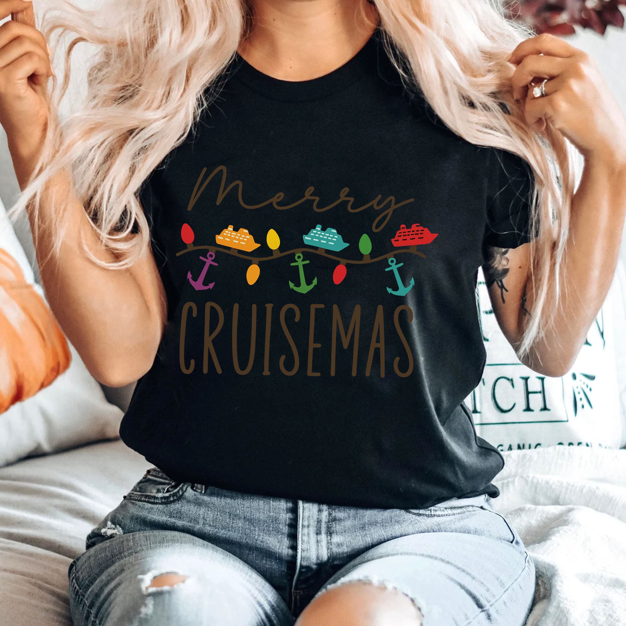 Festive Merry Cruisemas T-Shirt - Celebrate Holiday Spirit with Stylish Cruise Ship & Anchor Lights Design - Perfect Christmas Gift
 - 4