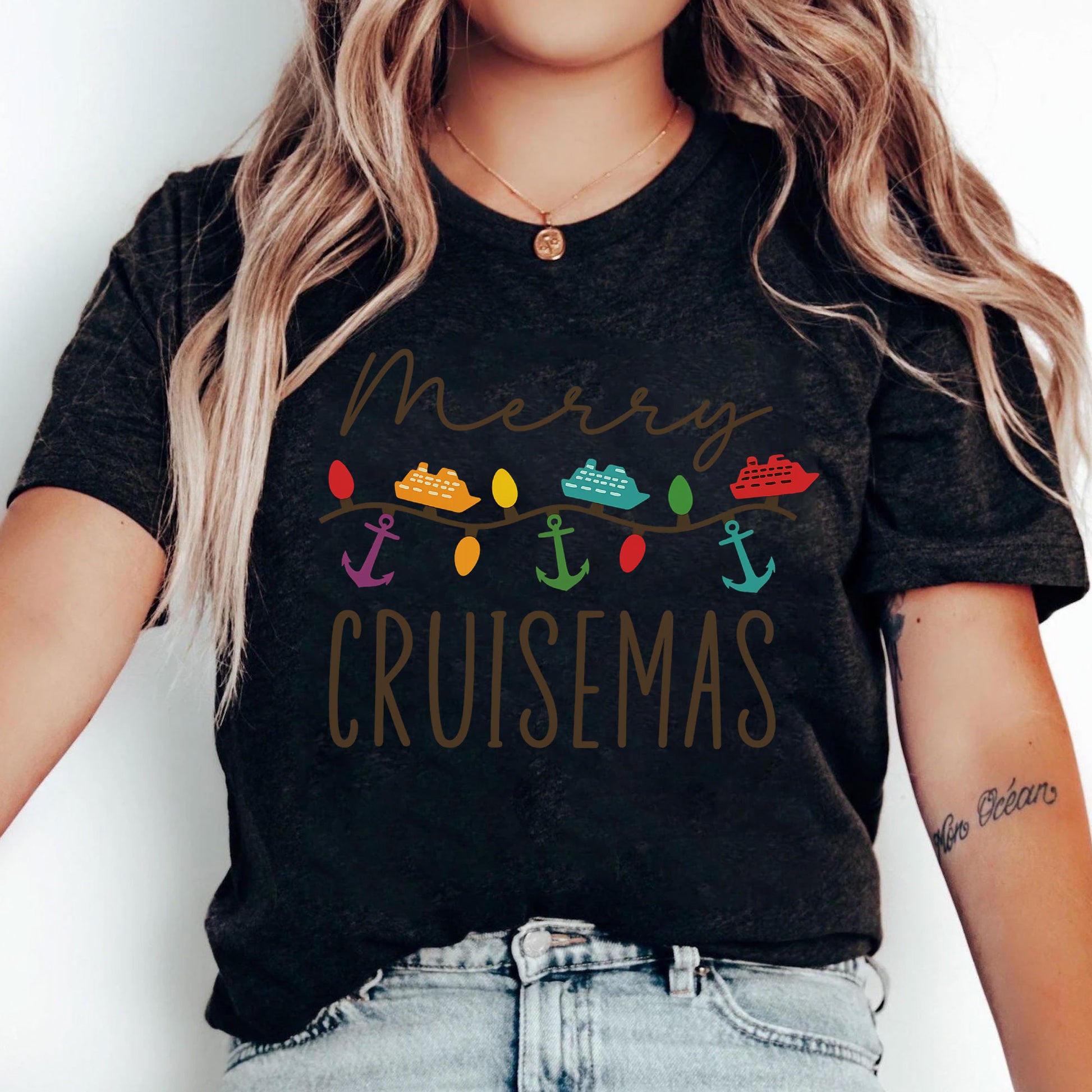 Festive Merry Cruisemas T-Shirt - Celebrate Holiday Spirit with Stylish Cruise Ship & Anchor Lights Design - Perfect Christmas Gift
 - 5