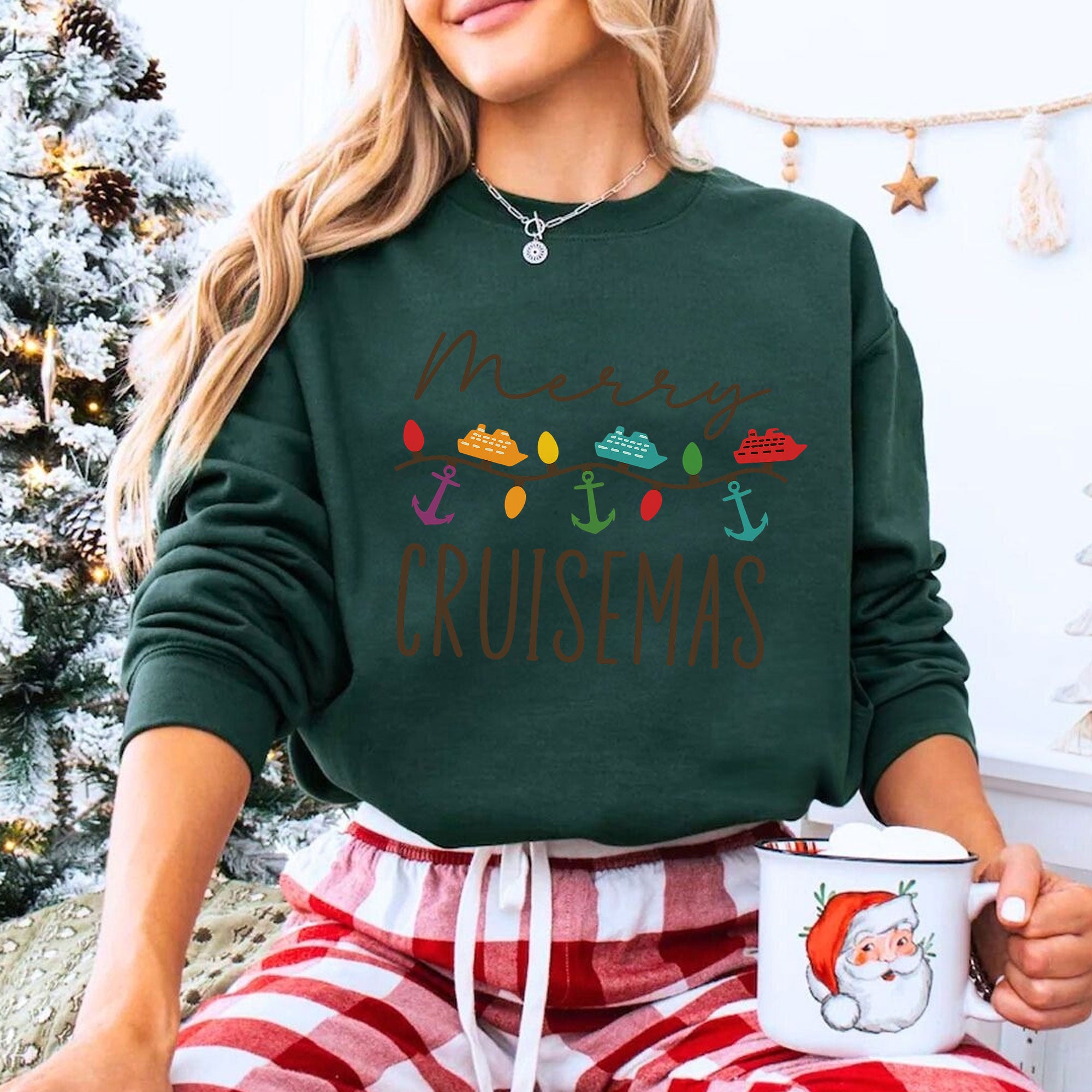 Festive Merry Cruisemas T-Shirt - Celebrate Holiday Spirit with Stylish Cruise Ship & Anchor Lights Design - Perfect Christmas Gift
 - 8