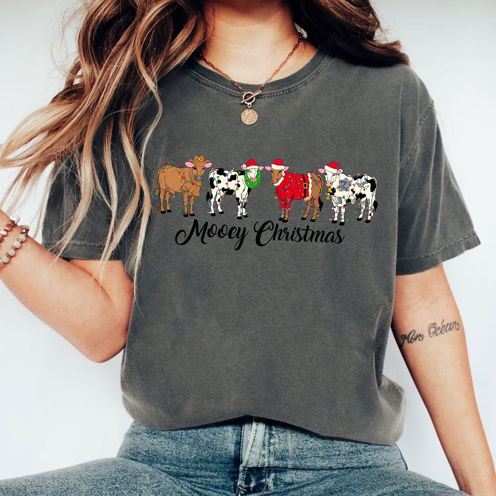 Festive Mooey Christmas T-Shirt for Women - Cute Cow Holiday Graphic Tee, Perfect Christmas Gift, Casual Holiday Wear, Fun Farm Theme
 - 1