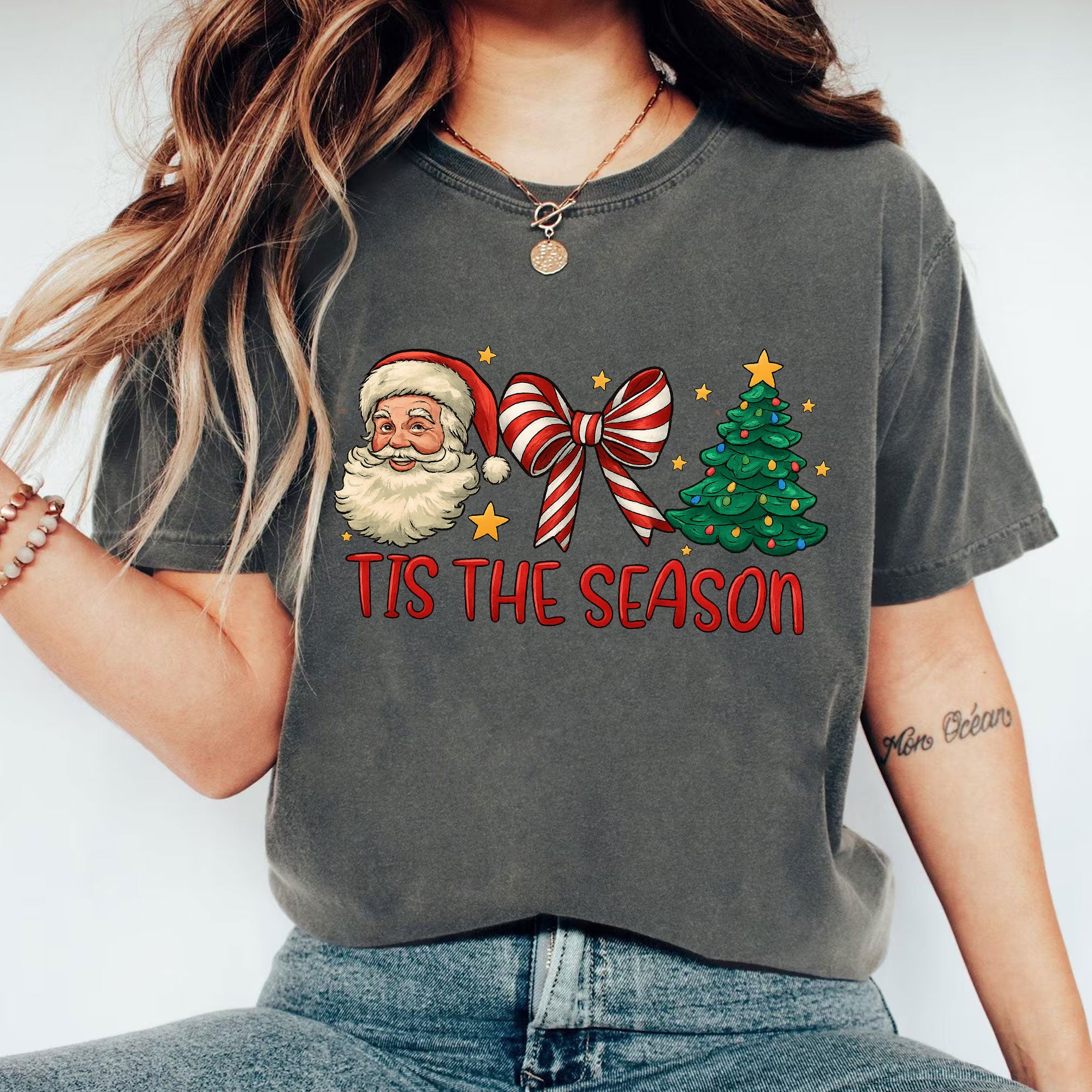 Festive Santa and Christmas Tree Graphic Tee - Perfect Holiday Season Gift for Women - Celebrate Style with Tis the Season Shirt
 - 1