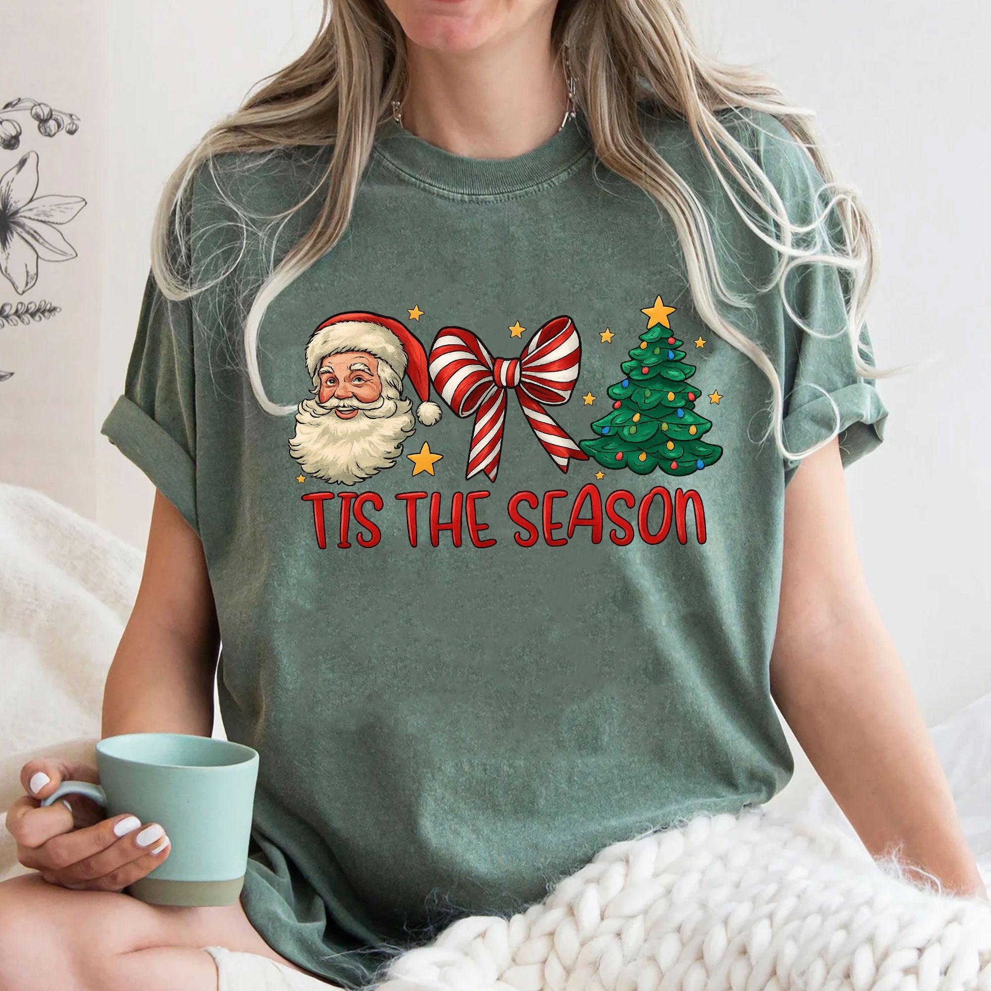 Festive Santa and Christmas Tree Graphic Tee - Perfect Holiday Season Gift for Women - Celebrate Style with Tis the Season Shirt
 - 3