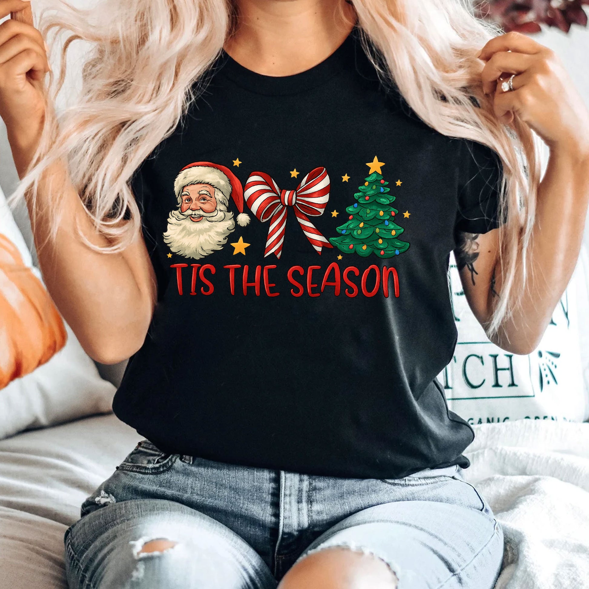 Festive Santa and Christmas Tree Graphic Tee - Perfect Holiday Season Gift for Women - Celebrate Style with Tis the Season Shirt
 - 4