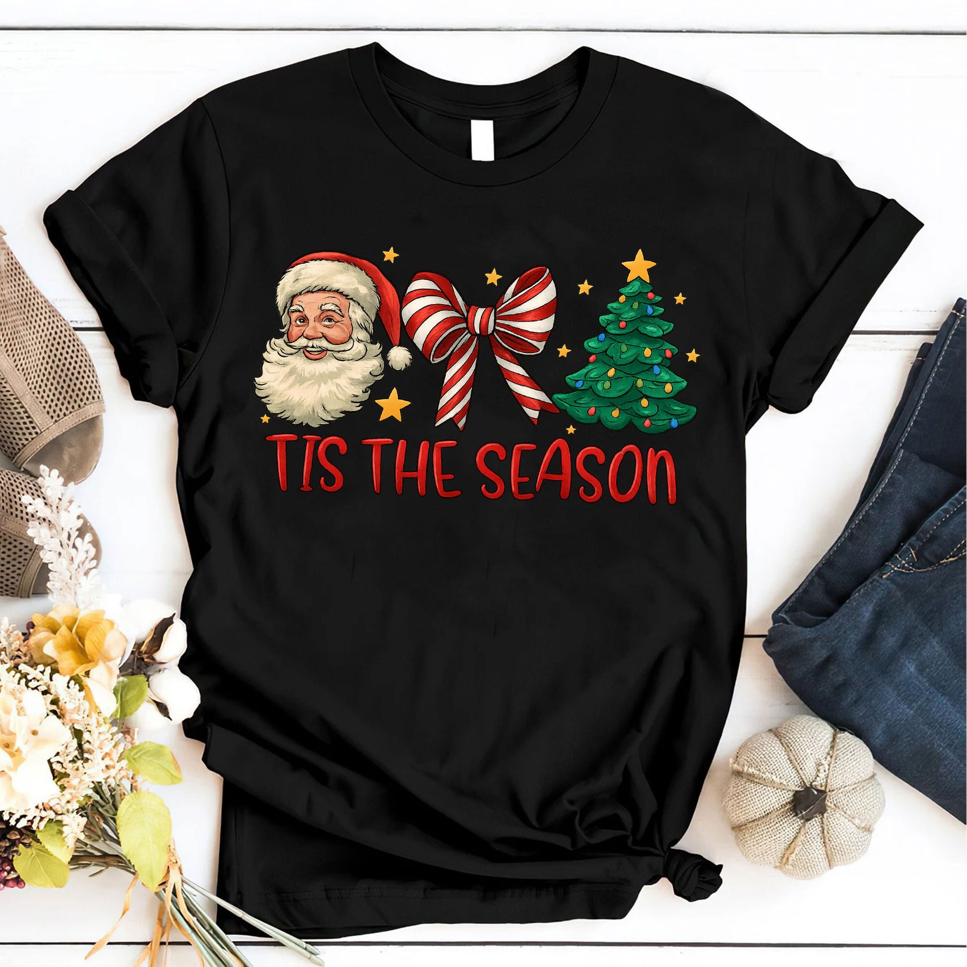 Festive Santa and Christmas Tree Graphic Tee - Perfect Holiday Season Gift for Women - Celebrate Style with Tis the Season Shirt
 - 6