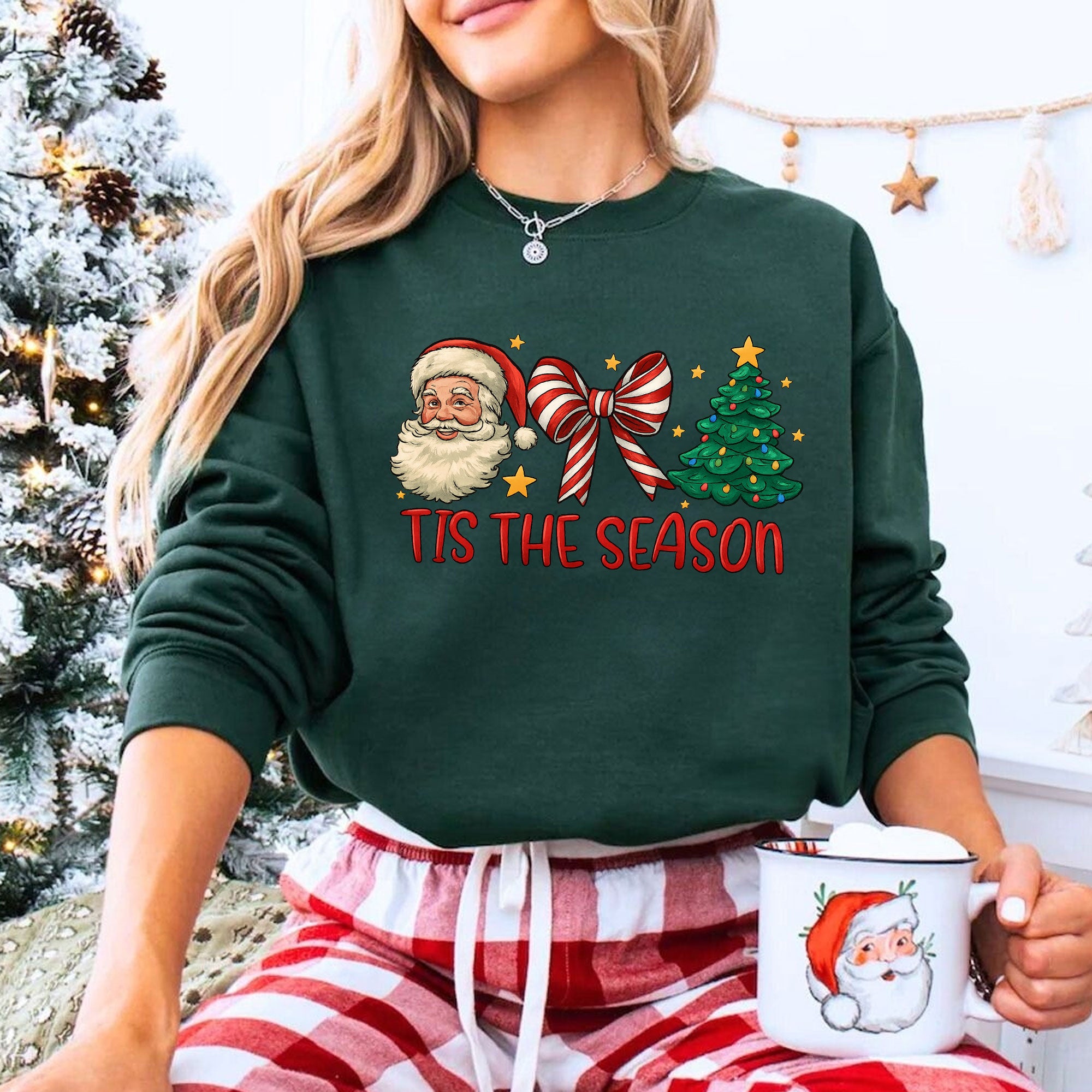 Festive Santa and Christmas Tree Graphic Tee - Perfect Holiday Season Gift for Women - Celebrate Style with Tis the Season Shirt
 - 8