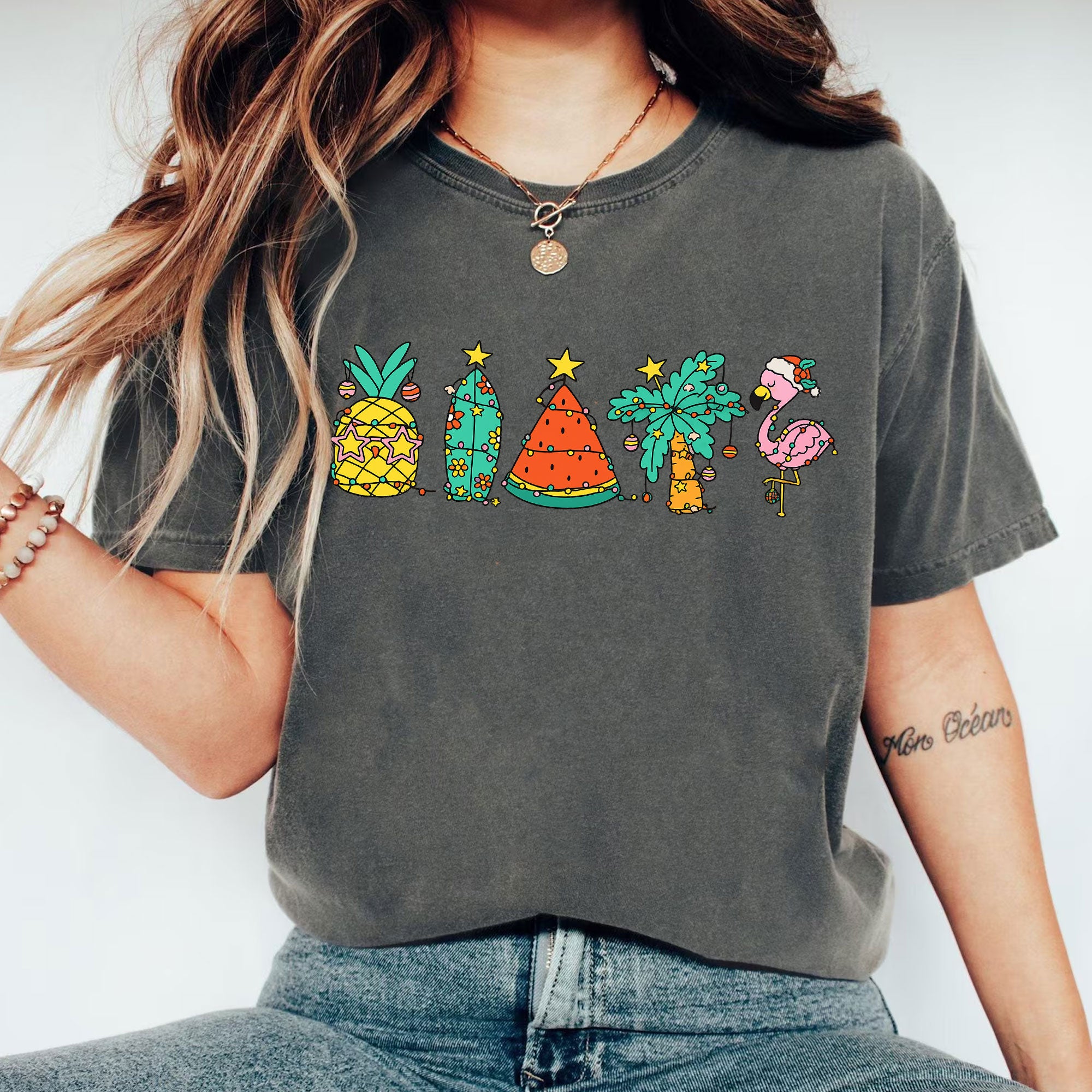 Festive Tropical Holiday Graphic Tee - Pineapple, Cactus, Watermelon, Flamingo Design on Soft Cotton Unisex T-Shirt for Summer Fun
 - 1