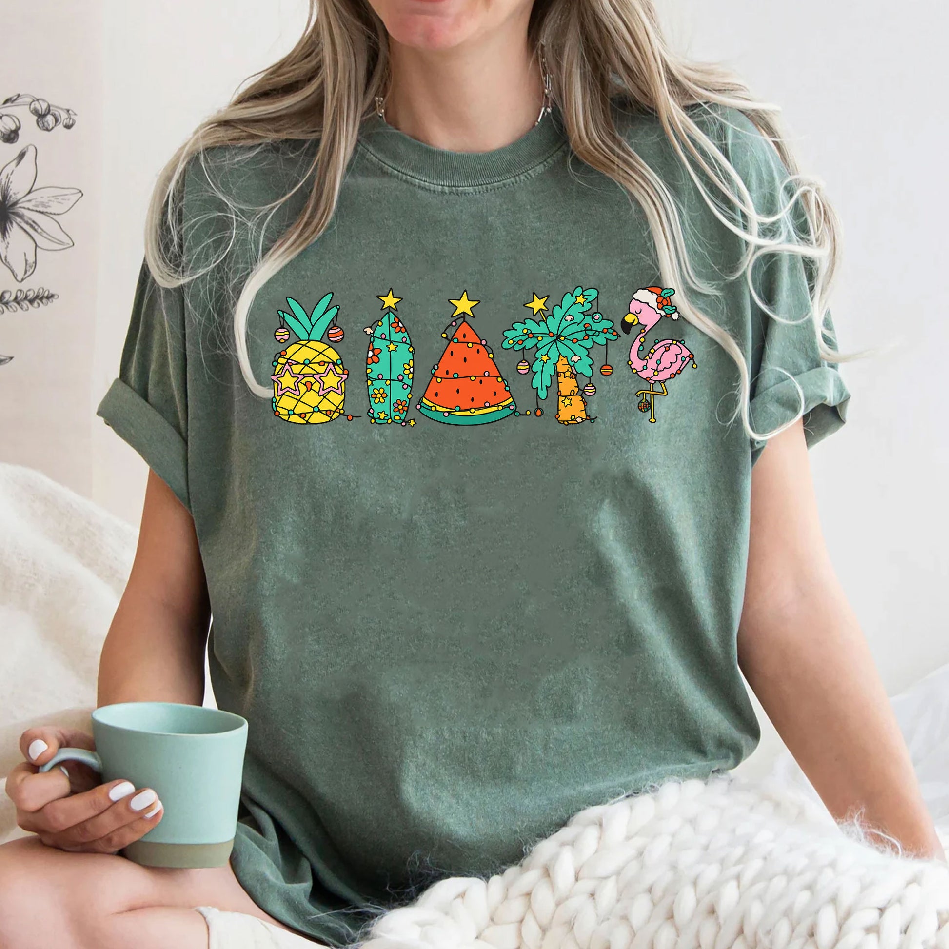 Festive Tropical Holiday Graphic Tee - Pineapple, Cactus, Watermelon, Flamingo Design on Soft Cotton Unisex T-Shirt for Summer Fun
 - 3