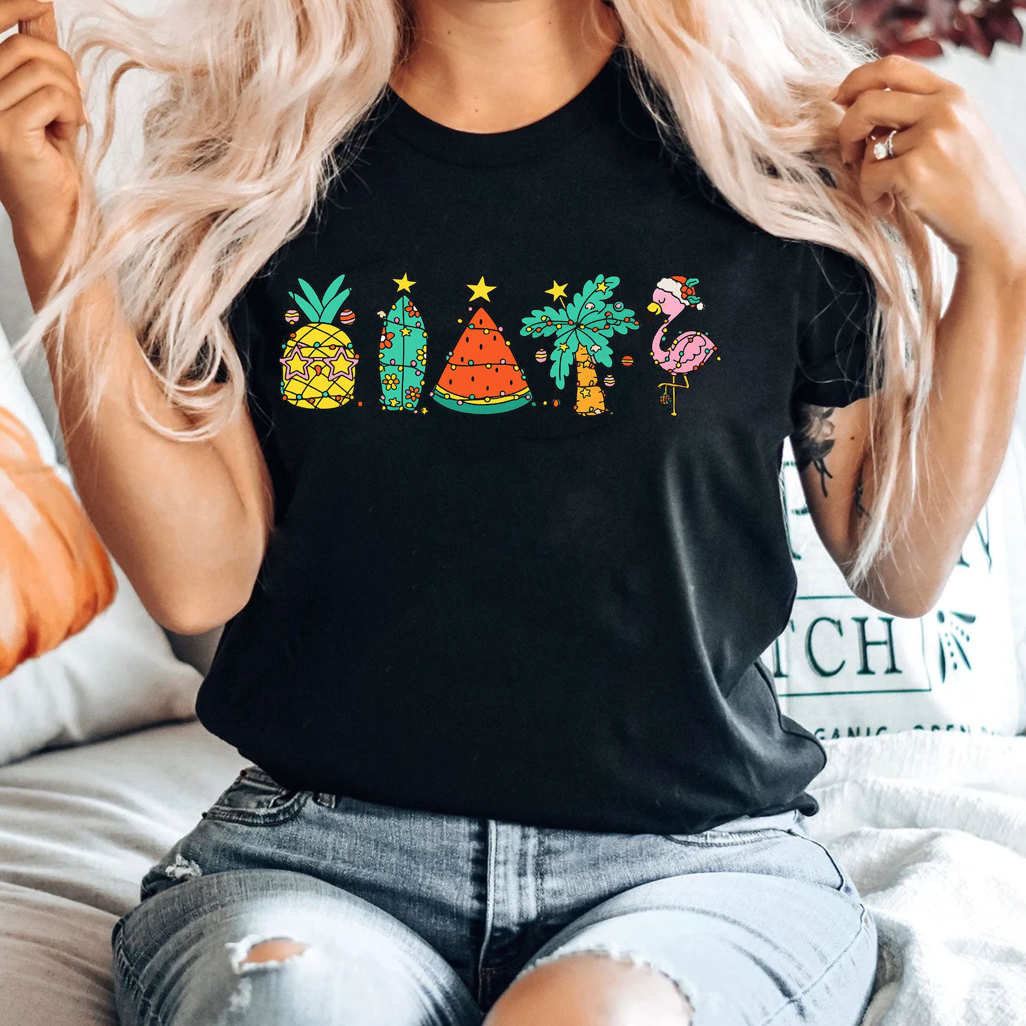 Festive Tropical Holiday Graphic Tee - Pineapple, Cactus, Watermelon, Flamingo Design on Soft Cotton Unisex T-Shirt for Summer Fun
 - 4
