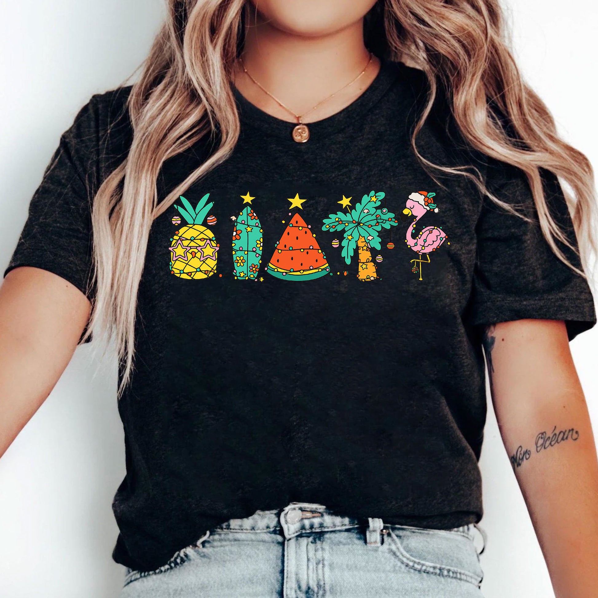 Festive Tropical Holiday Graphic Tee - Pineapple, Cactus, Watermelon, Flamingo Design on Soft Cotton Unisex T-Shirt for Summer Fun
 - 5