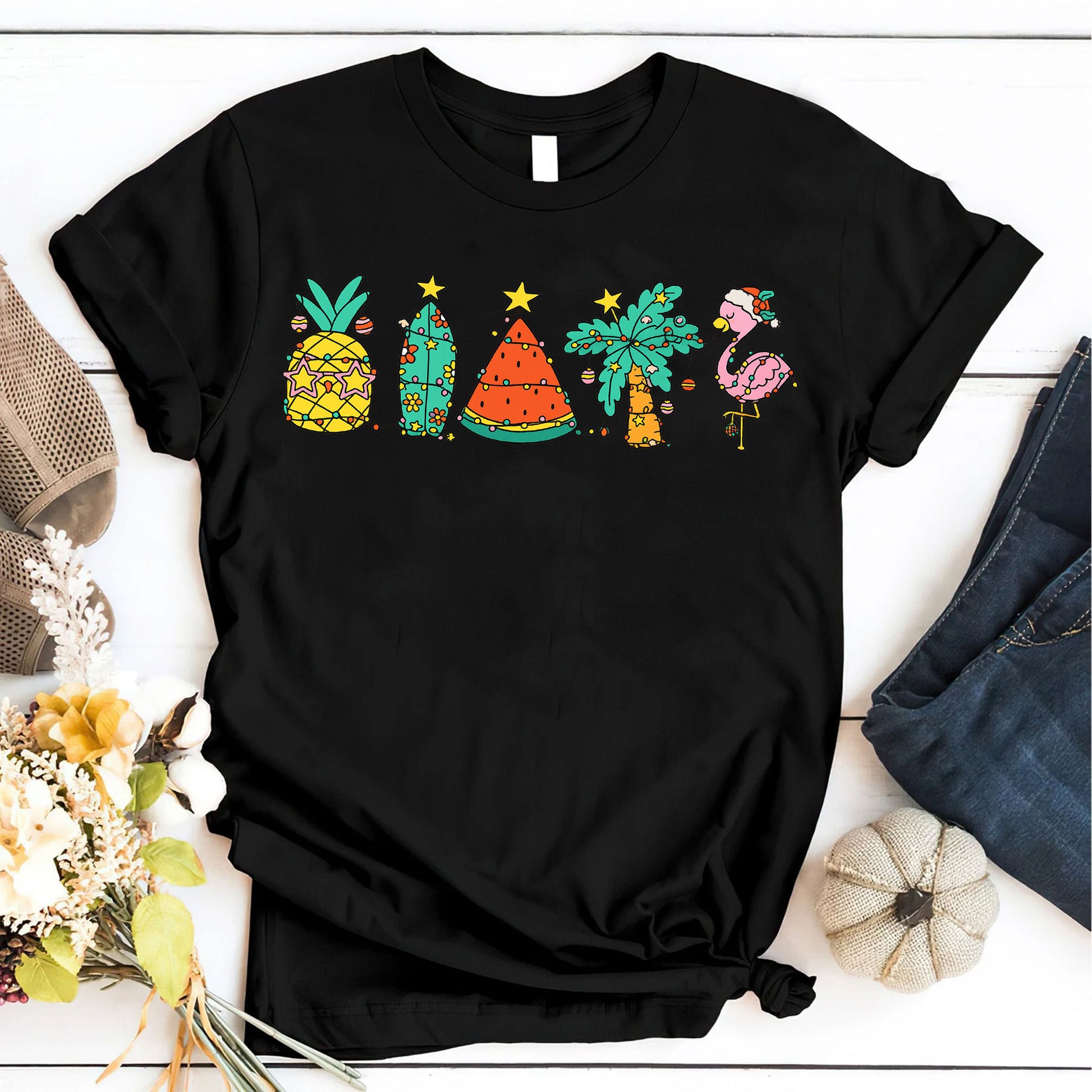 Festive Tropical Holiday Graphic Tee - Pineapple, Cactus, Watermelon, Flamingo Design on Soft Cotton Unisex T-Shirt for Summer Fun
 - 6