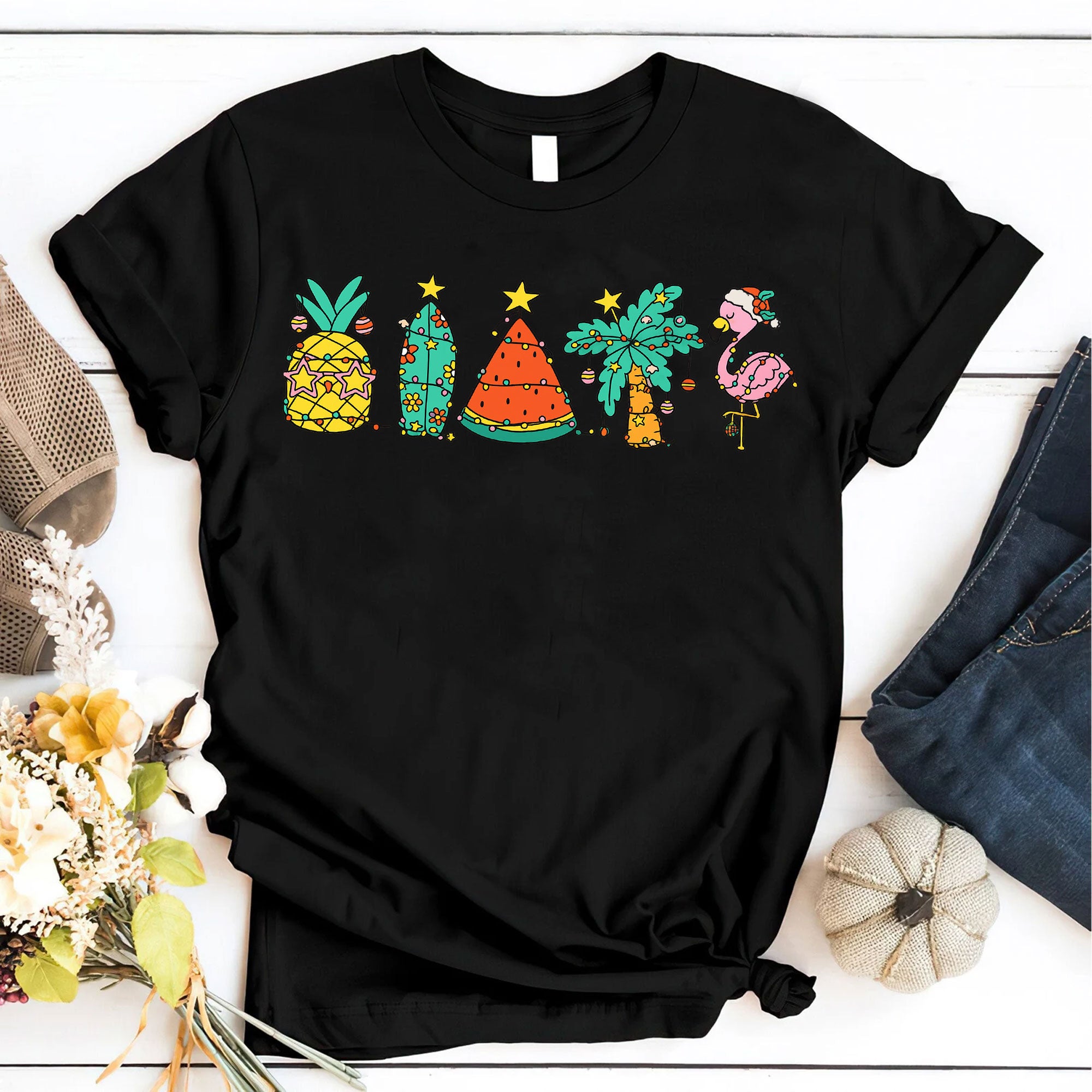 Festive Tropical Holiday Graphic Tee - Pineapple, Cactus, Watermelon, Flamingo Design on Soft Cotton Unisex T-Shirt for Summer Fun
 - 6