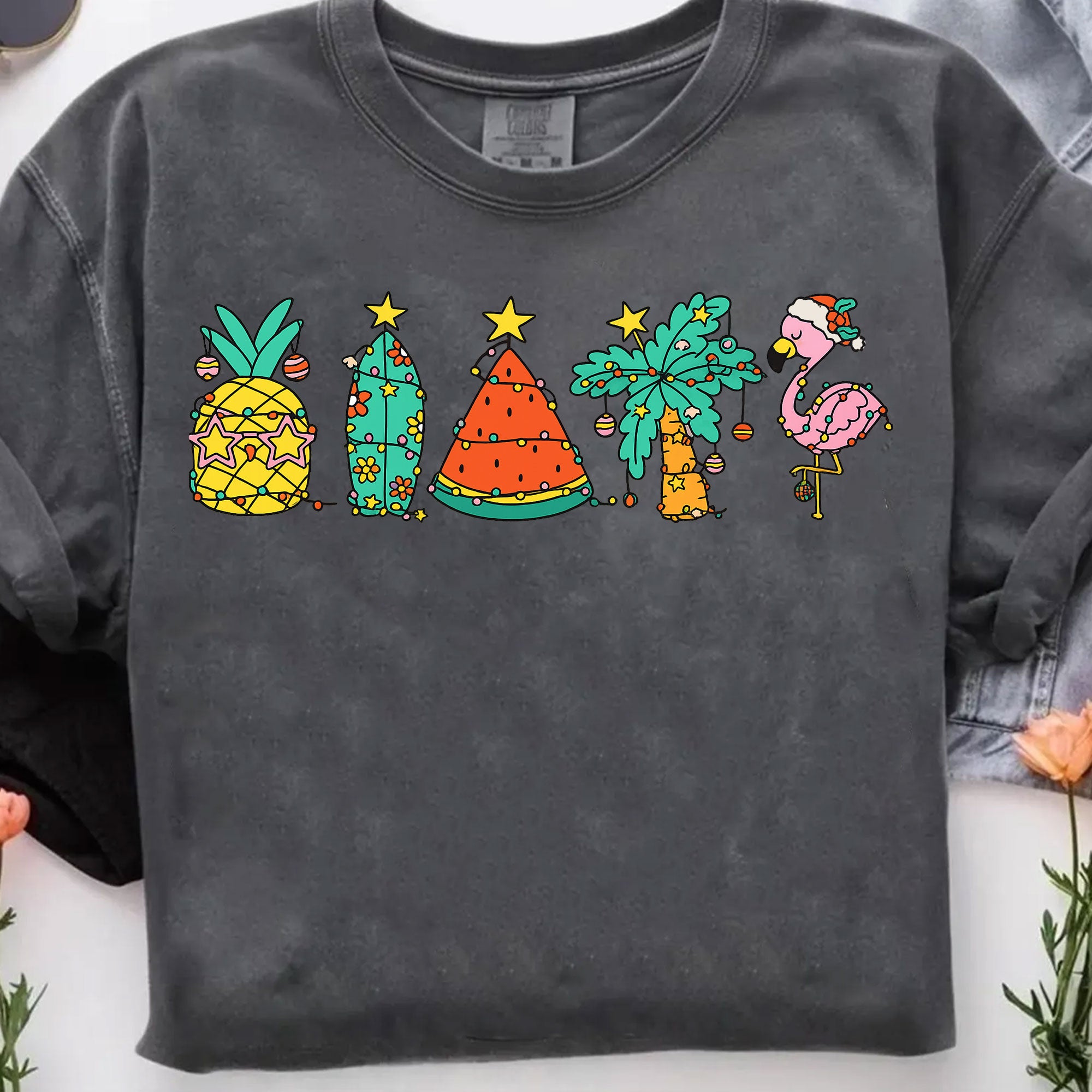 Festive Tropical Holiday Graphic Tee - Pineapple, Cactus, Watermelon, Flamingo Design on Soft Cotton Unisex T-Shirt for Summer Fun
 - 7