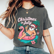 Fun Christmas in July T-Shirt - Santa on Flamingo Float Graphic Tee for Summer Holiday Vibes - Perfect Beach Party Outfit
 - 1