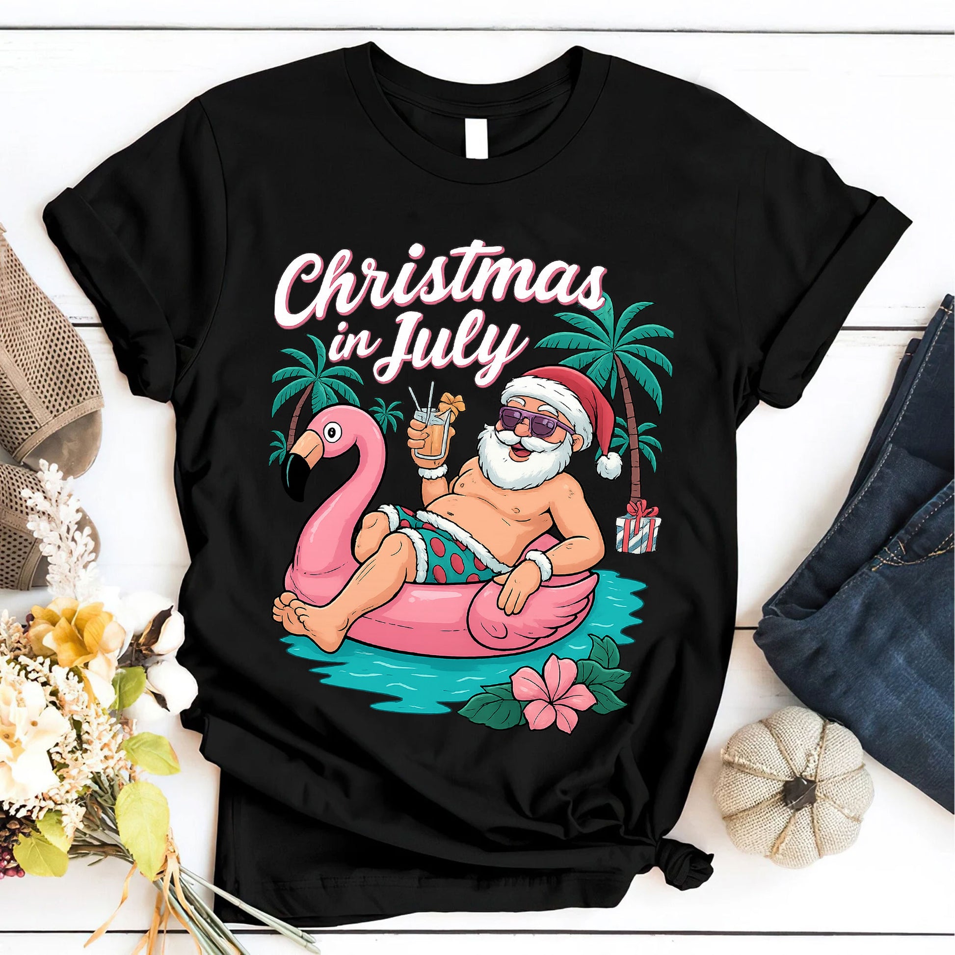 Fun Christmas in July T-Shirt - Santa on Flamingo Float Graphic Tee for Summer Holiday Vibes - Perfect Beach Party Outfit
 - 6