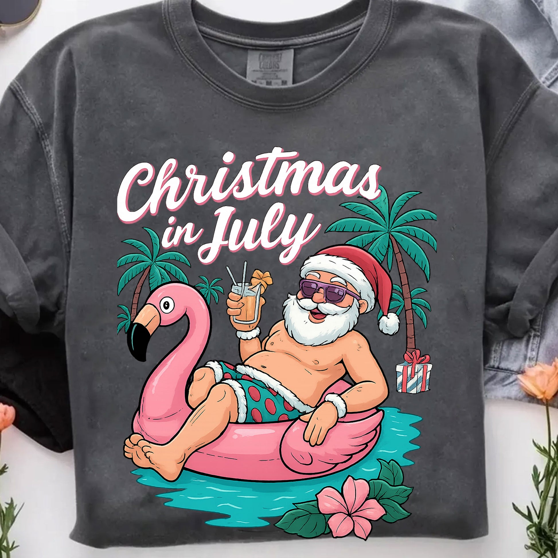 Fun Christmas in July T-Shirt - Santa on Flamingo Float Graphic Tee for Summer Holiday Vibes - Perfect Beach Party Outfit
 - 7