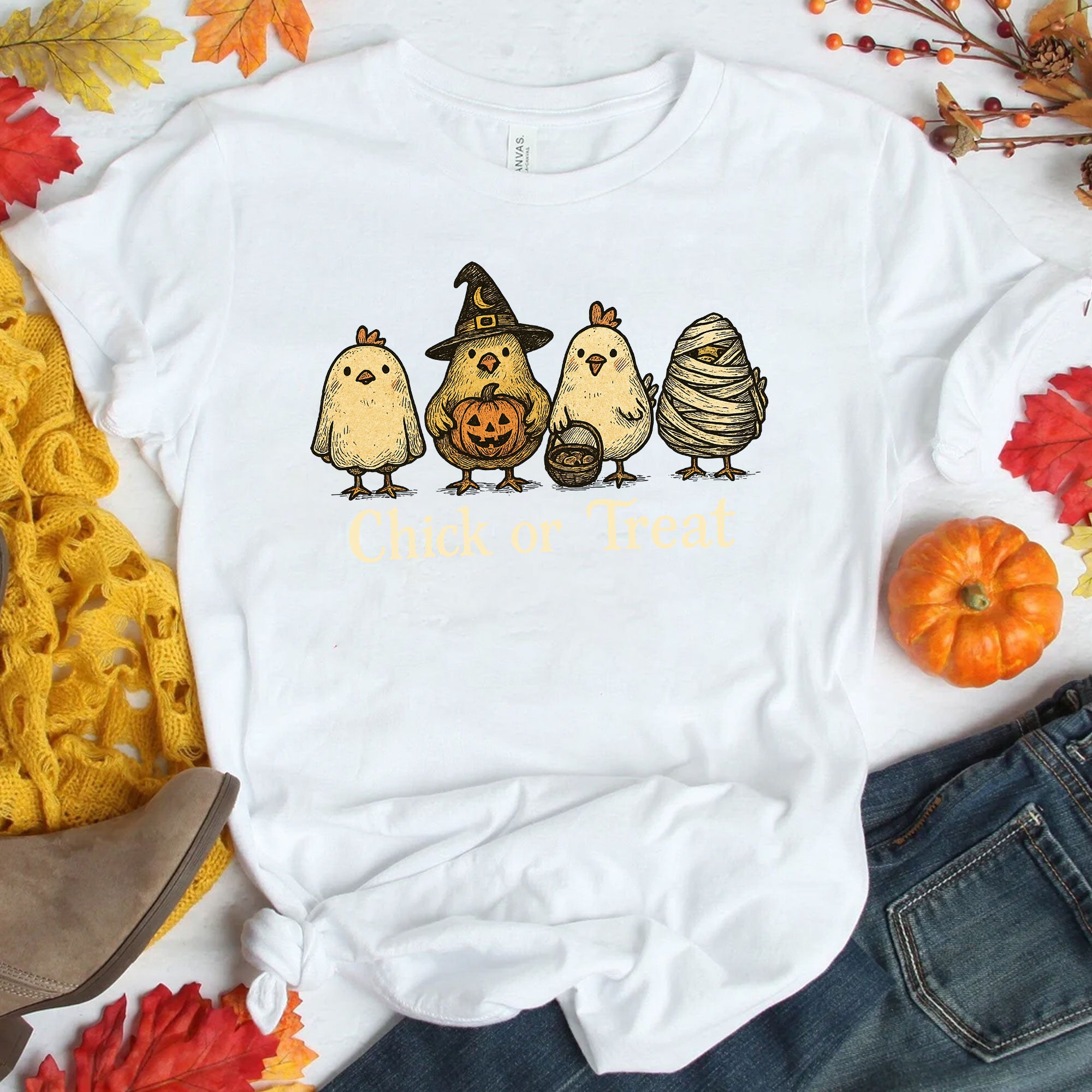 Fun Halloween T-Shirt with Cute Chickens in Costumes - Chick or Treat Theme - Perfect for Halloween Parties and Festive Outfits
 - 1