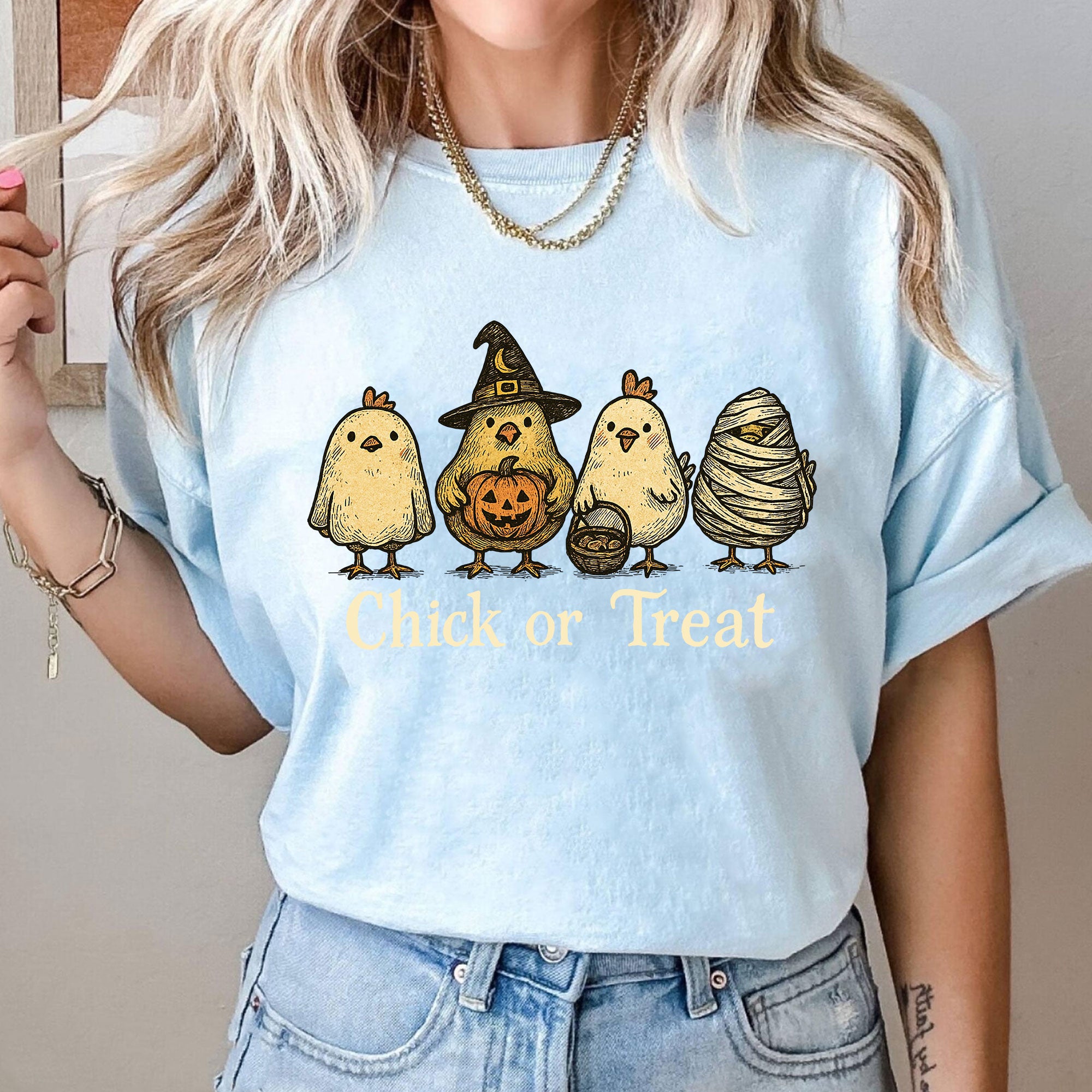 Fun Halloween T-Shirt with Cute Chickens in Costumes - Chick or Treat Theme - Perfect for Halloween Parties and Festive Outfits
 - 10