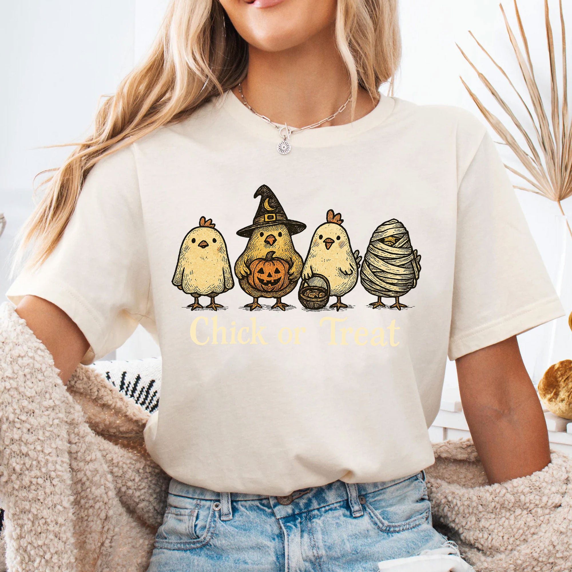 Fun Halloween T-Shirt with Cute Chickens in Costumes - Chick or Treat Theme - Perfect for Halloween Parties and Festive Outfits
 - 4