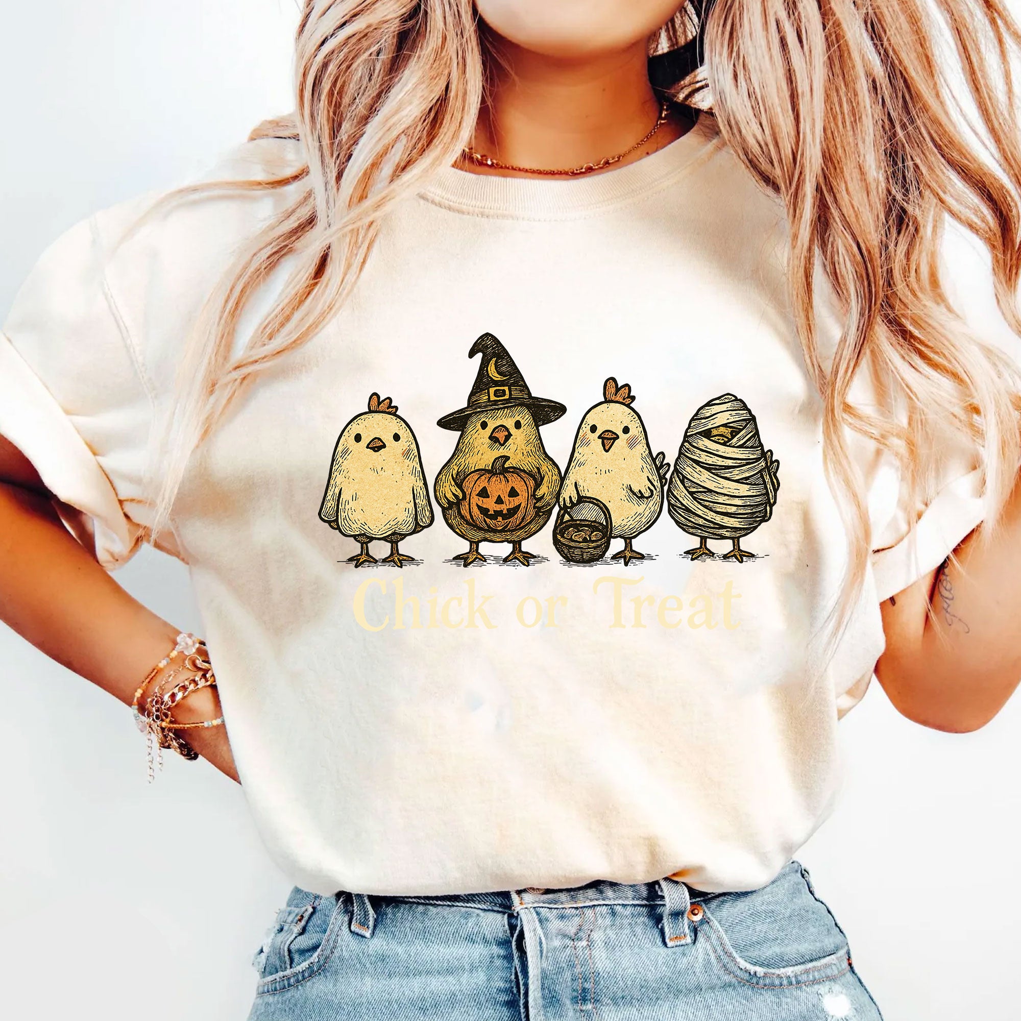 Fun Halloween T-Shirt with Cute Chickens in Costumes - Chick or Treat Theme - Perfect for Halloween Parties and Festive Outfits
 - 5