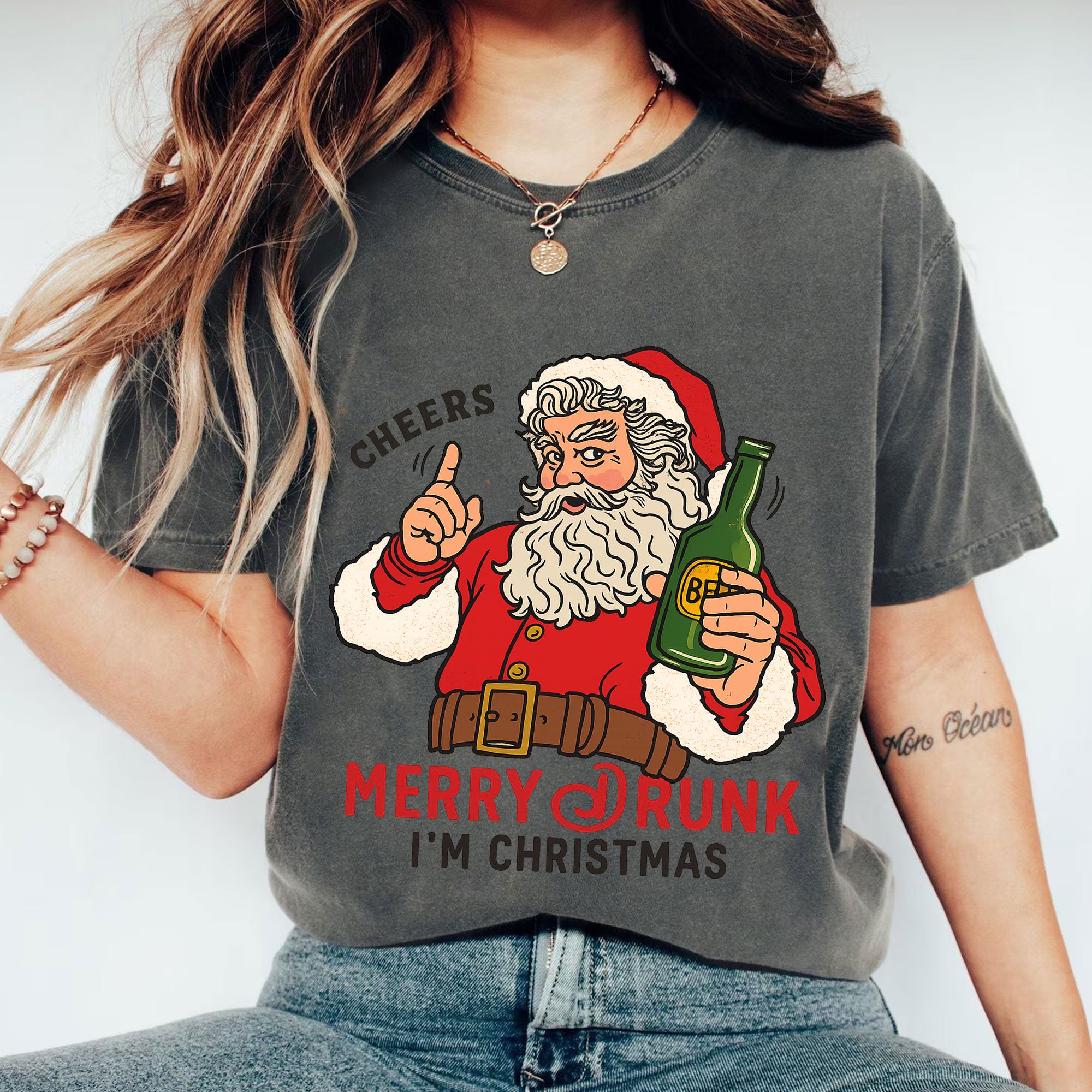 Fun Santa Claus Christmas T-Shirt - Cheers Merry Drunk I'm Christmas Graphic Tee for Holiday Parties and Festive Gatherings
 - 1