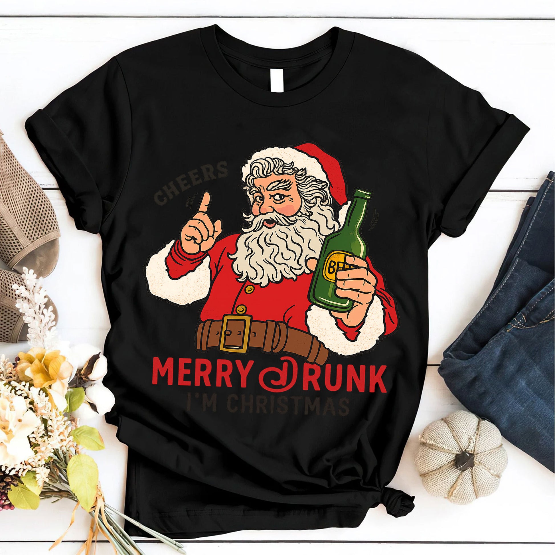 Fun Santa Claus Christmas T-Shirt - Cheers Merry Drunk I'm Christmas Graphic Tee for Holiday Parties and Festive Gatherings
 - 6