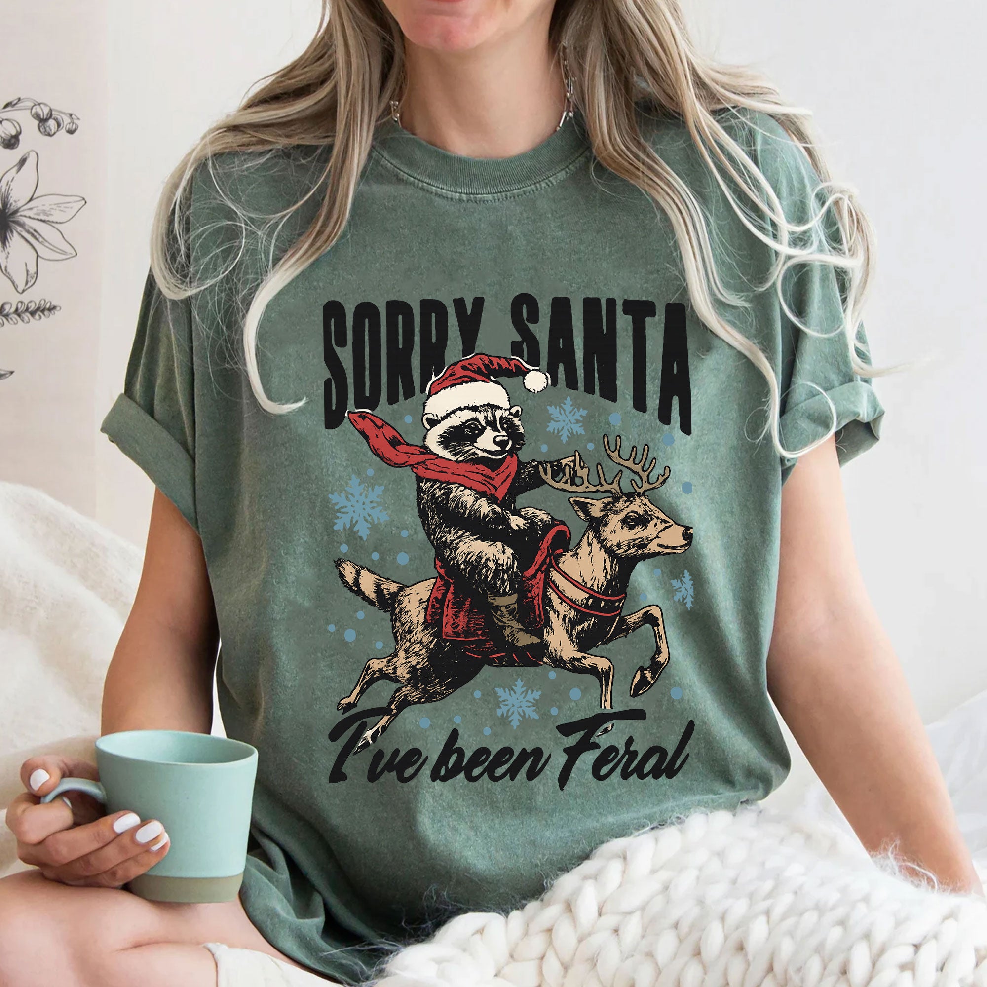 Funny Christmas Graphic Tee - Sorry Santa Raccoon on Reindeer - Humorous Holiday T-Shirt - Perfect Feral Santa Gift Idea
 - 3
