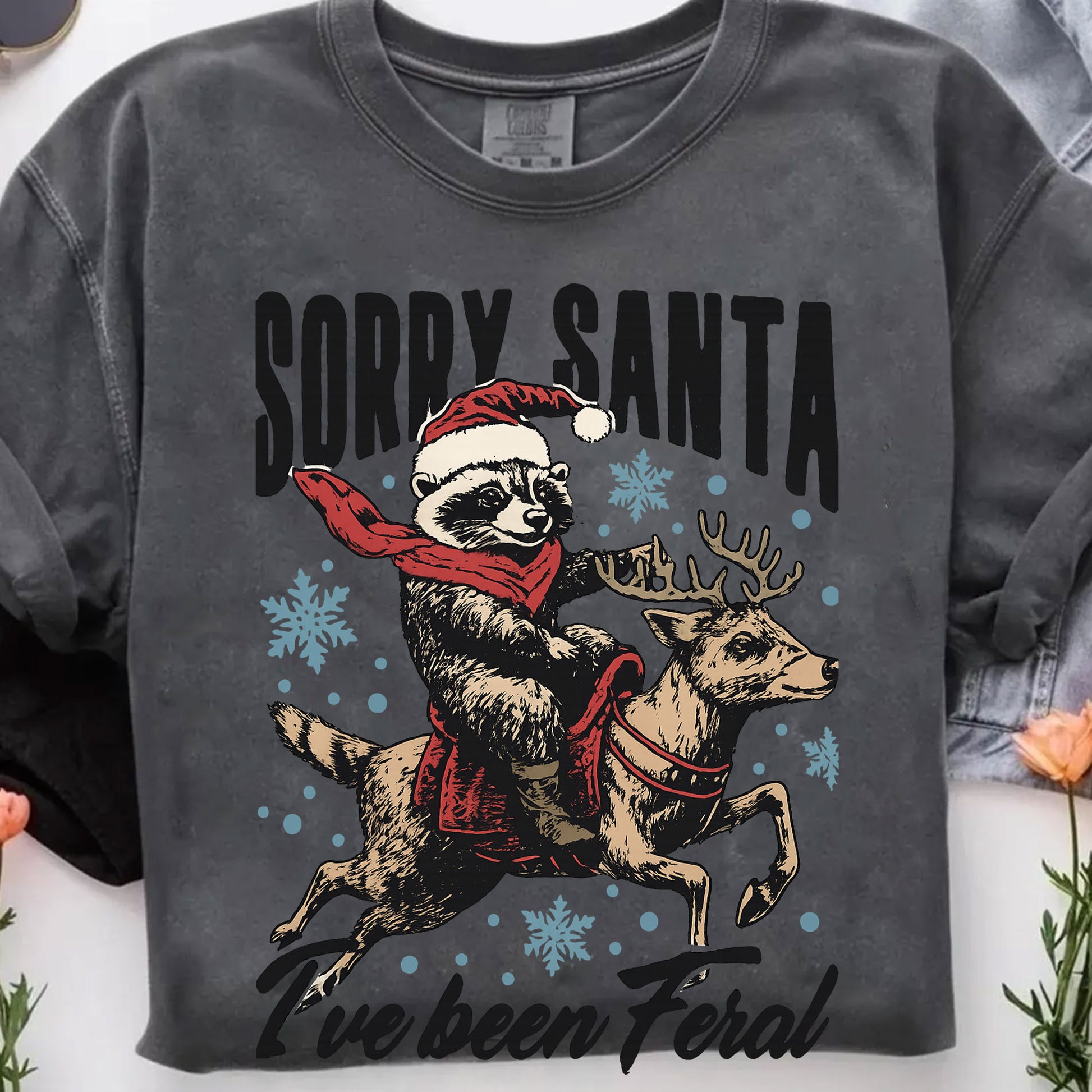 Funny Christmas Graphic Tee - Sorry Santa Raccoon on Reindeer - Humorous Holiday T-Shirt - Perfect Feral Santa Gift Idea
 - 7