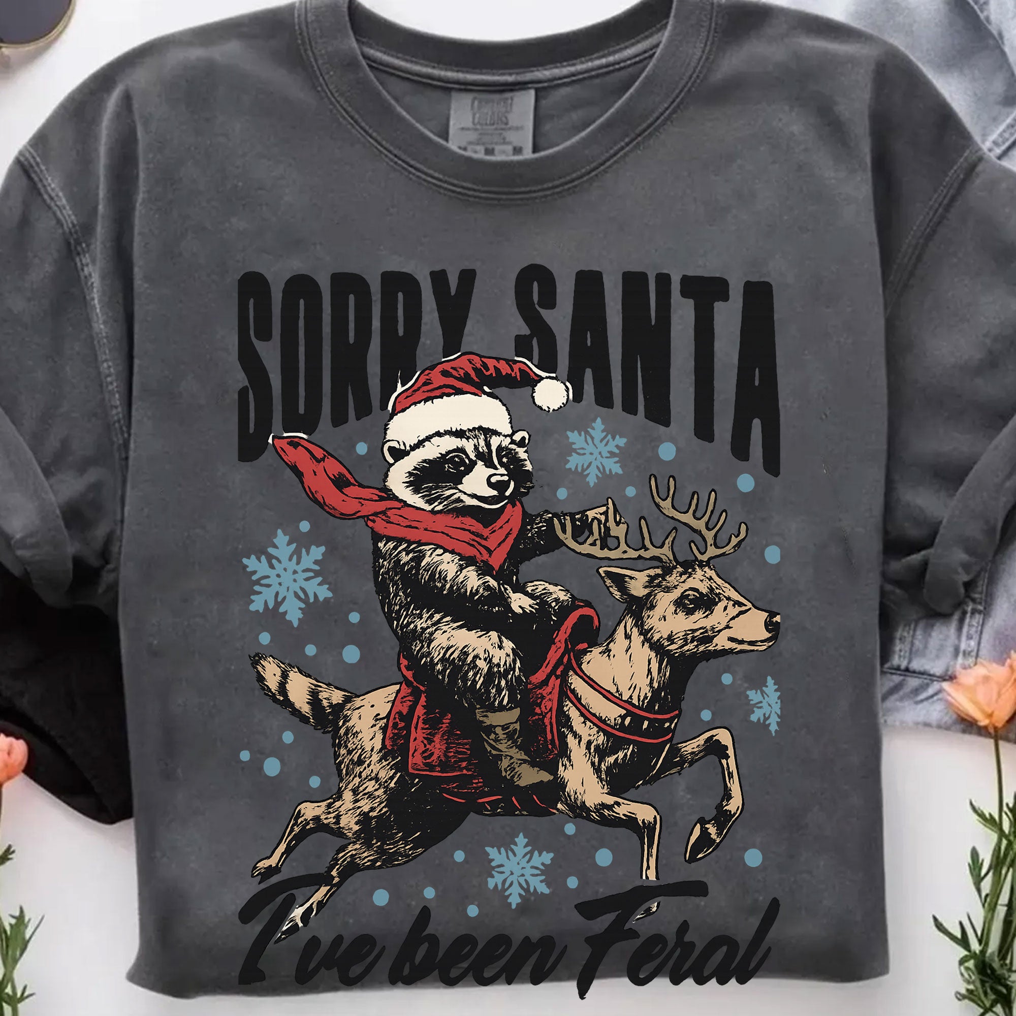 Funny Christmas Graphic Tee - Sorry Santa Raccoon on Reindeer - Humorous Holiday T-Shirt - Perfect Feral Santa Gift Idea
 - 7