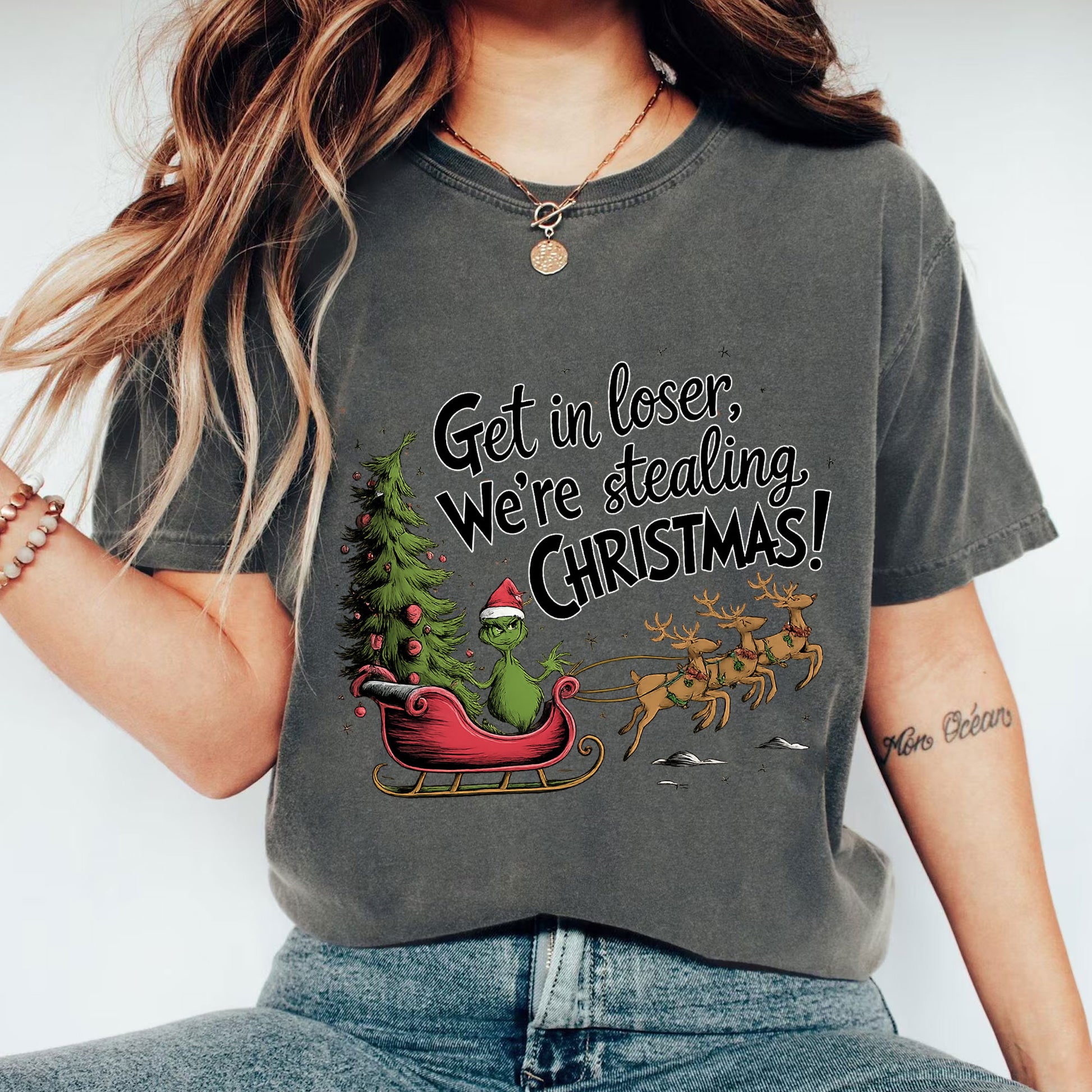 Funny Christmas T-Shirt - Grinch Inspired Print 'Get in Loser, We’re Stealing Christmas' Perfect for Holiday Humor Lovers
 - 1
